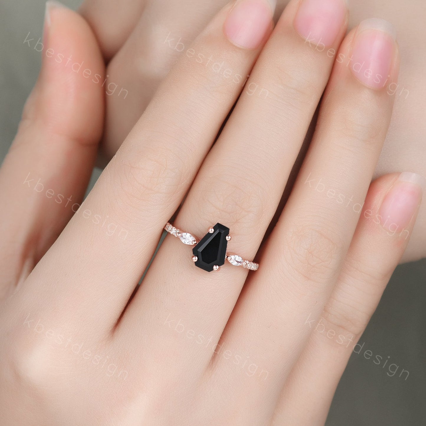 Coffin Shape Black Onyx Engagement Ring Vintage Rose Gold Moissanite Wedding Ring Unique Marquise cut Cluster Ring Antique Promise Ring