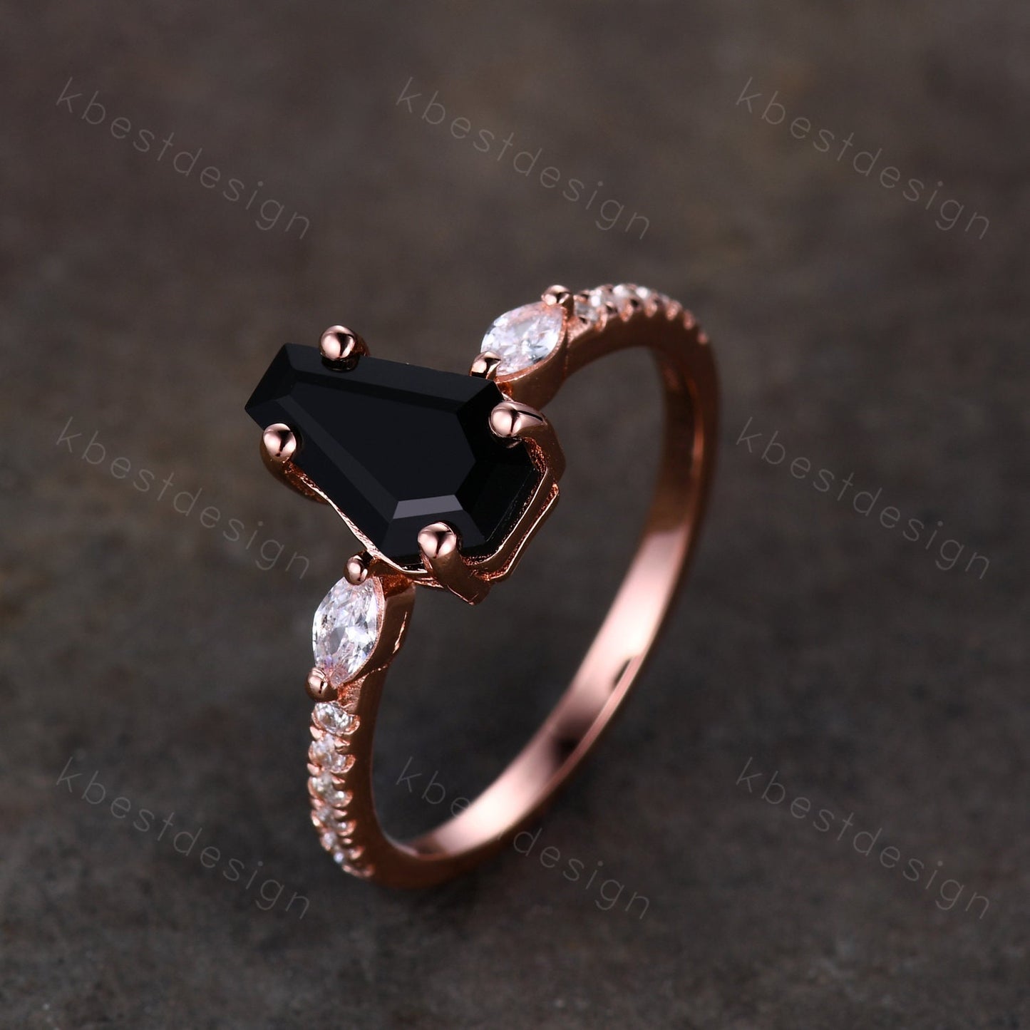 Coffin Shape Black Onyx Engagement Ring Vintage Rose Gold Moissanite Wedding Ring Unique Marquise cut Cluster Ring Antique Promise Ring