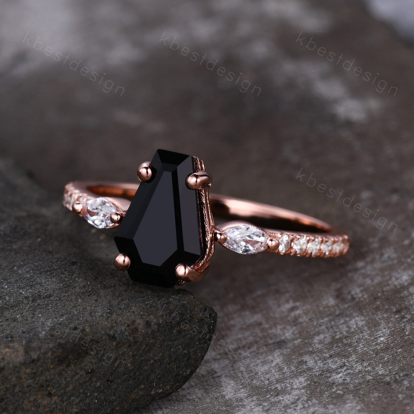 Coffin Shape Black Onyx Engagement Ring Vintage Rose Gold Moissanite Wedding Ring Unique Marquise cut Cluster Ring Antique Promise Ring