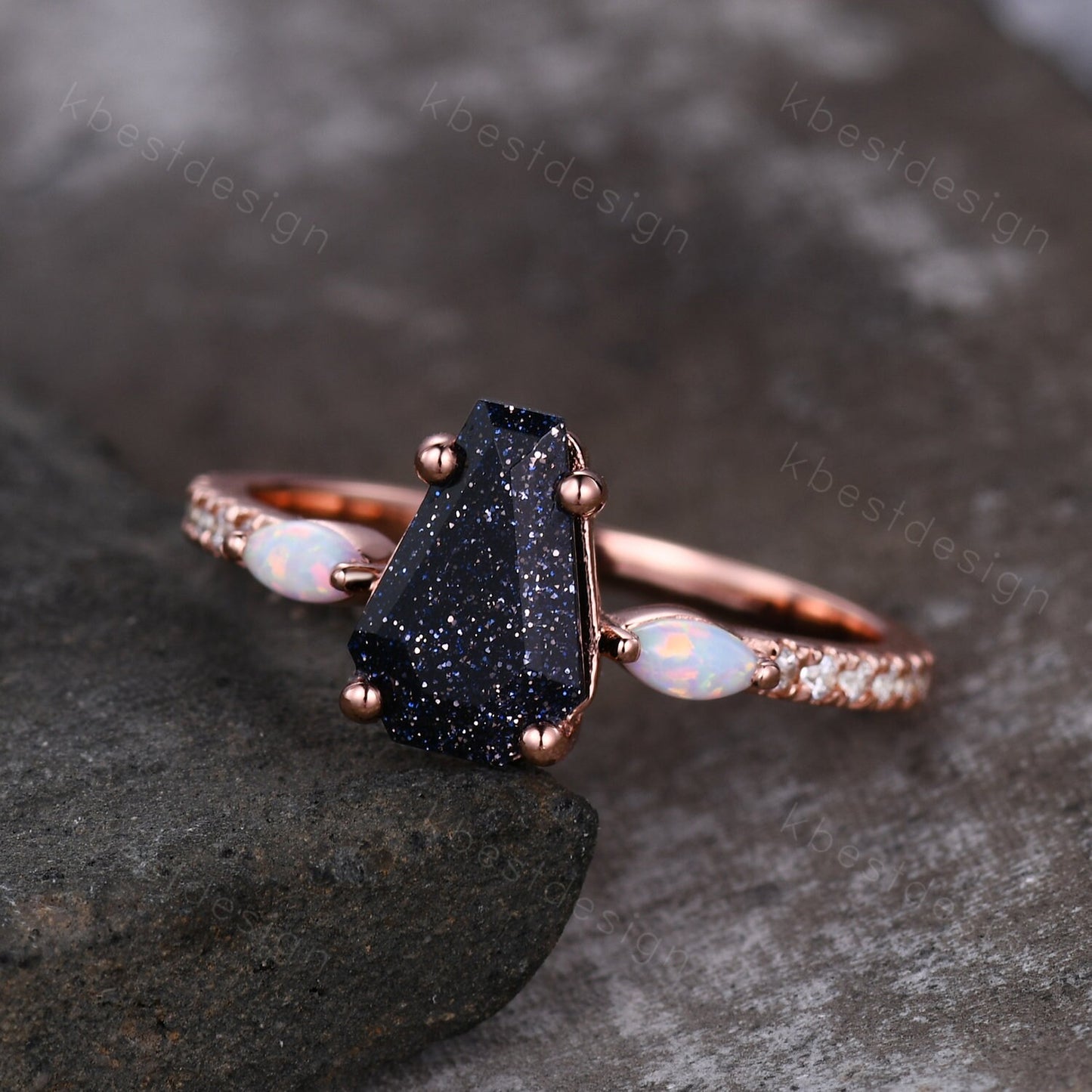 Coffin Shape Blue Sandstone Engagement Ring Vintage Rose Gold Marquise Opal Wedding Ring Unique Cluster Ring Antique Promise Ring