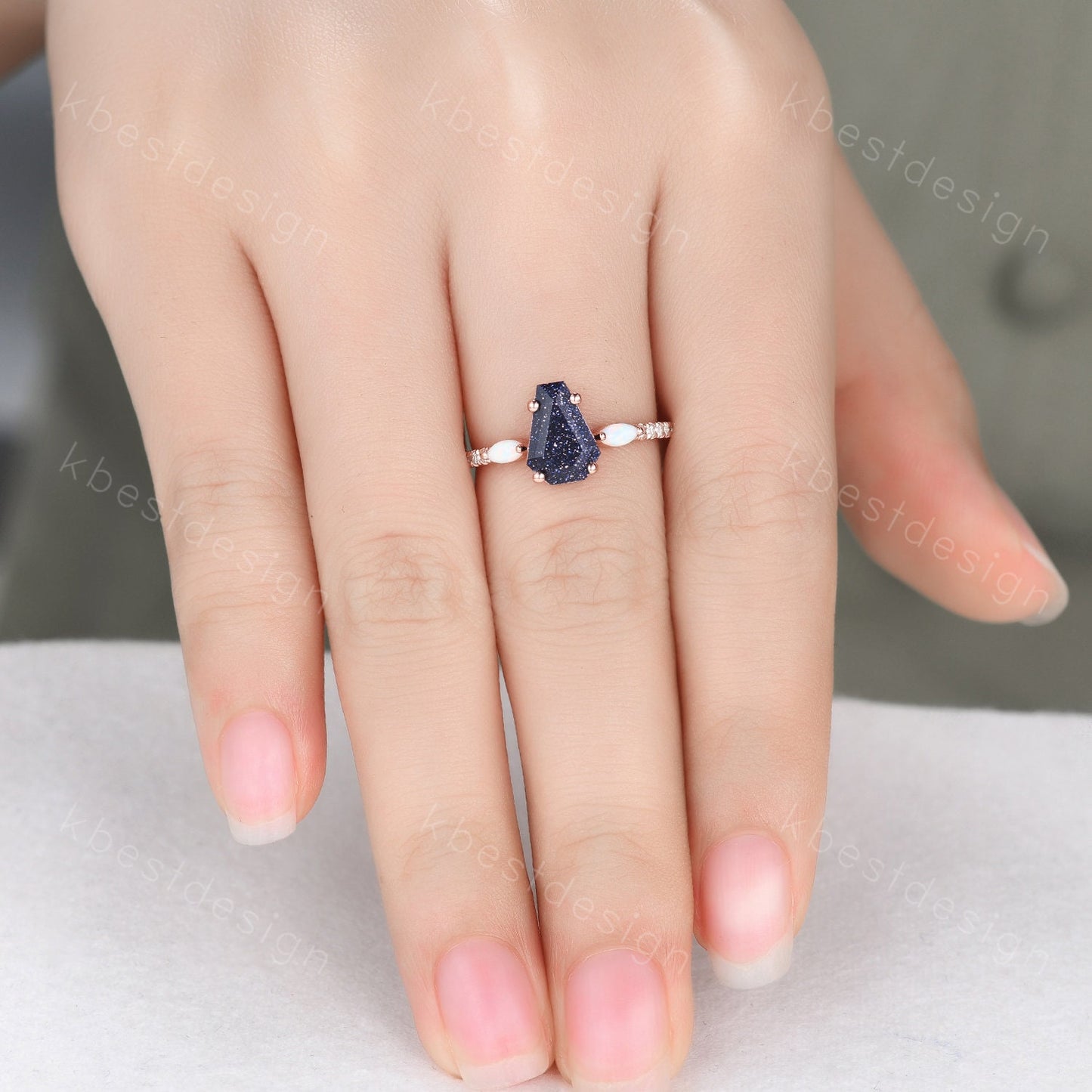 Coffin Shape Blue Sandstone Engagement Ring Vintage Rose Gold Marquise Opal Wedding Ring Unique Cluster Ring Antique Promise Ring