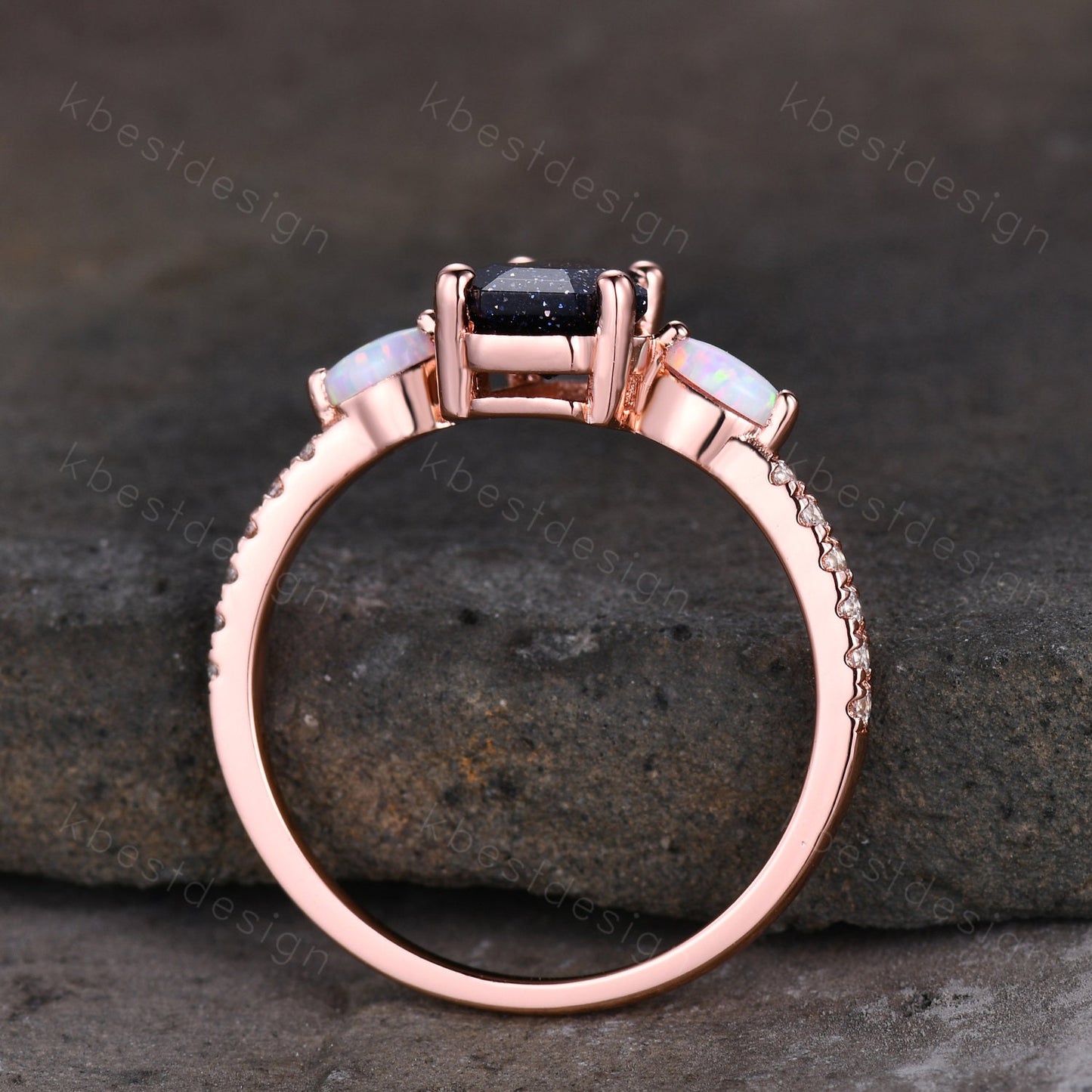 Coffin Shape Blue Sandstone Engagement Ring Vintage Rose Gold Marquise Opal Wedding Ring Unique Cluster Ring Antique Promise Ring