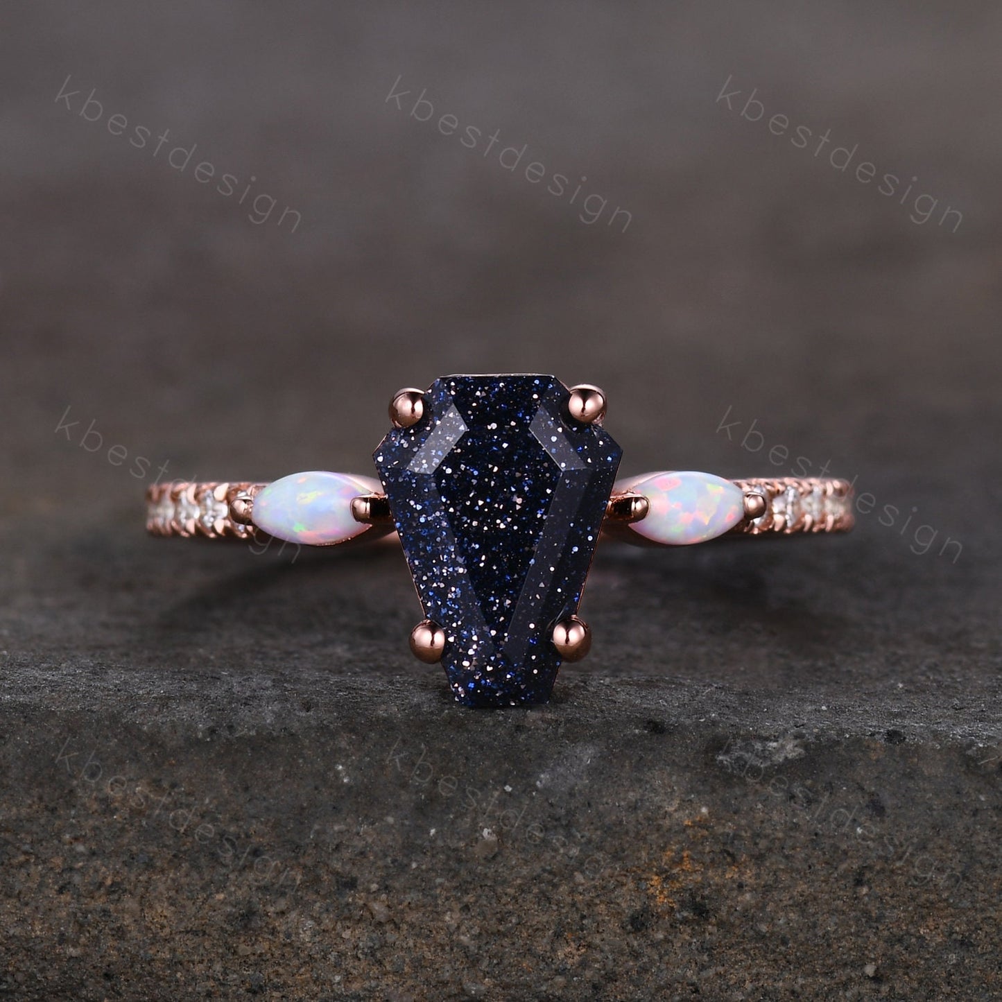 Coffin Shape Blue Sandstone Engagement Ring Vintage Rose Gold Marquise Opal Wedding Ring Unique Cluster Ring Antique Promise Ring