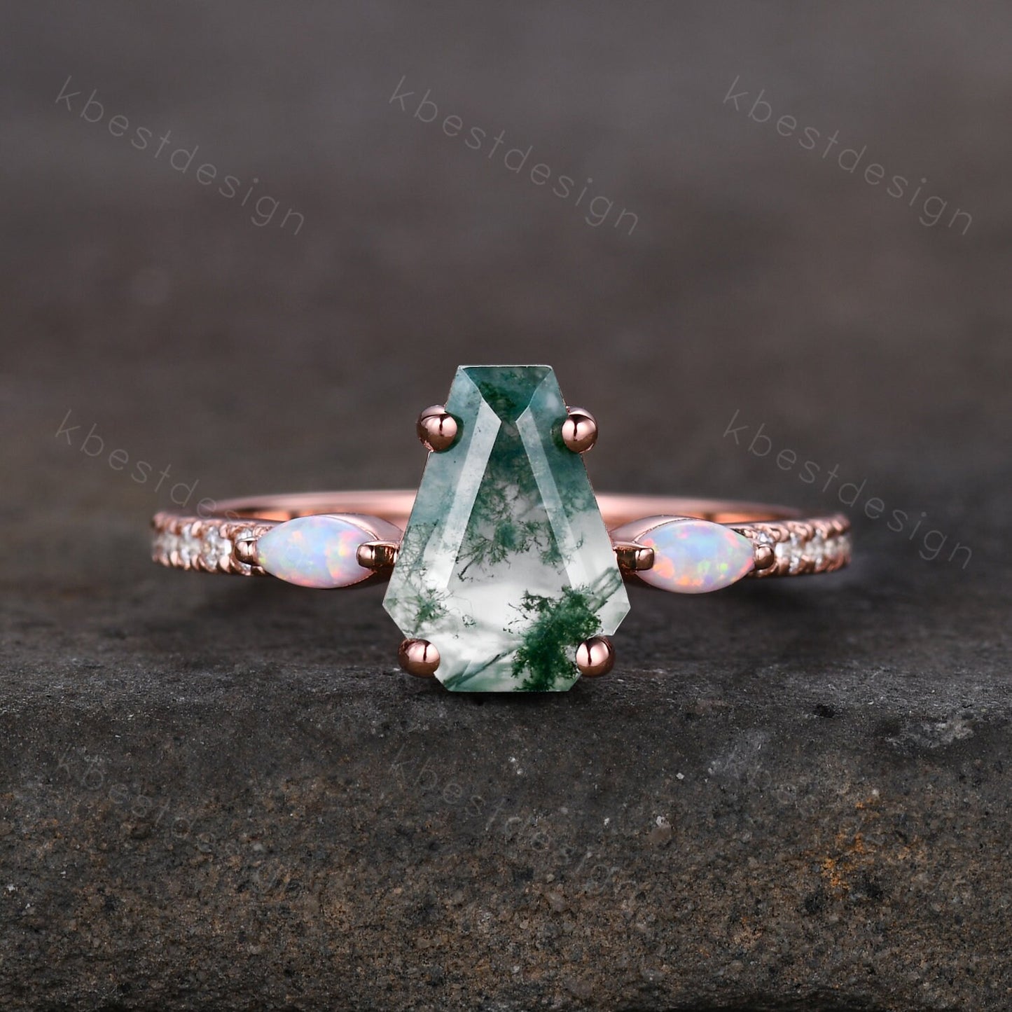 Coffin Shape Moss Agate Engagement Ring Set Unique Rose Gold Marquise Opal Wedding Ring Art Deco Moissanite Antique Promise Ring Bridal Set