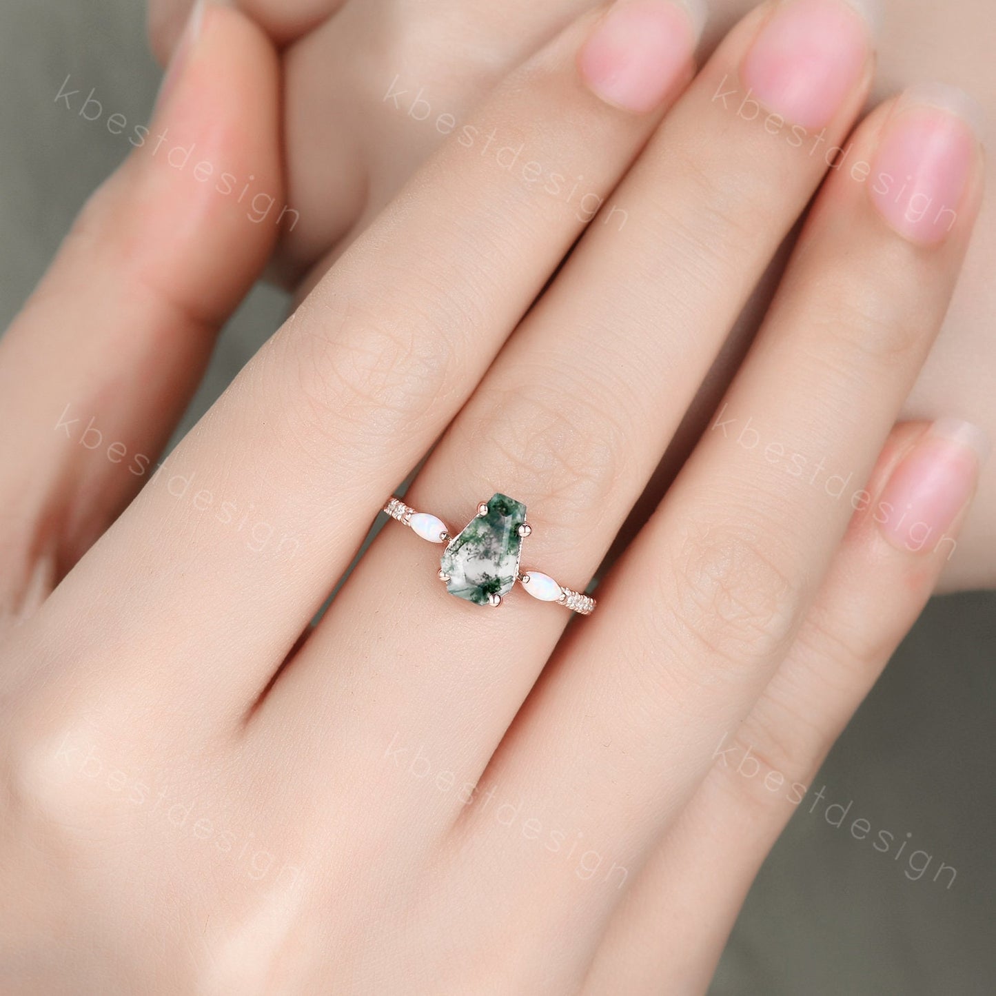 Coffin Shape Moss Agate Engagement Ring Set Unique Rose Gold Marquise Opal Wedding Ring Art Deco Moissanite Antique Promise Ring Bridal Set