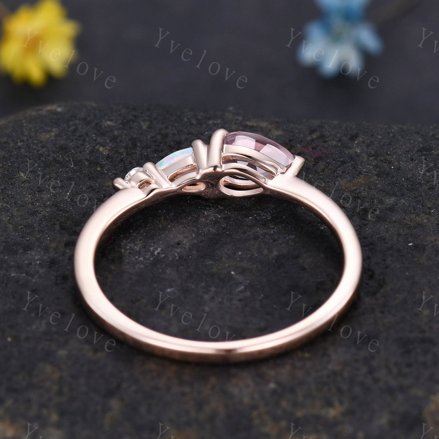 Unique Peach Morganite Opal Engagement Ring,Pear Cut Gems,Art Deco Moissanite Wedding Band,3 Stone Unique Women Bridal Promise Ring Gift