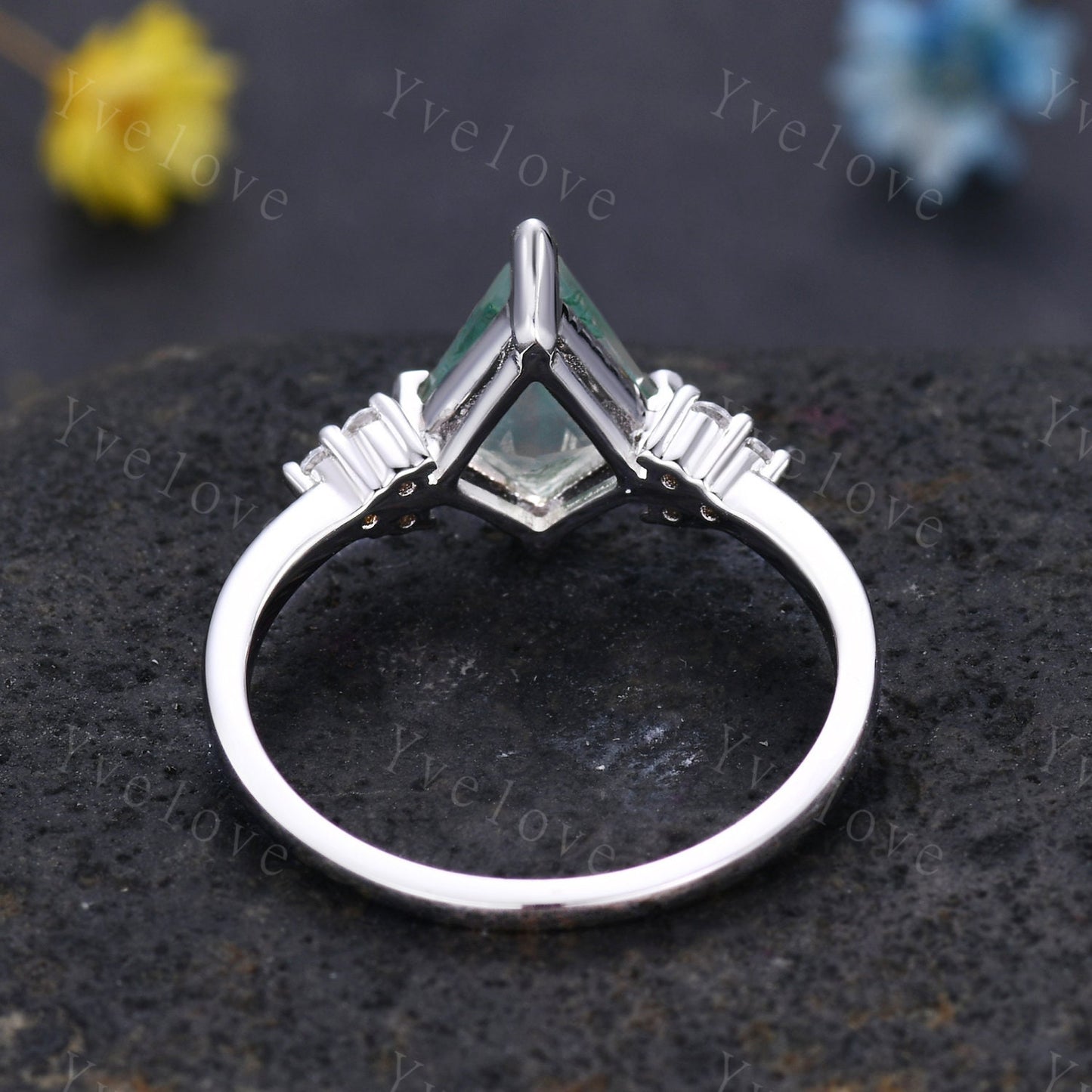 Retro Kite Shaped Moss Agate Ring,Vintage Sterling Silver Ring Set,Unique Agate Engagement Ring,Promise Ring,Anniversary Ring Gift For Her