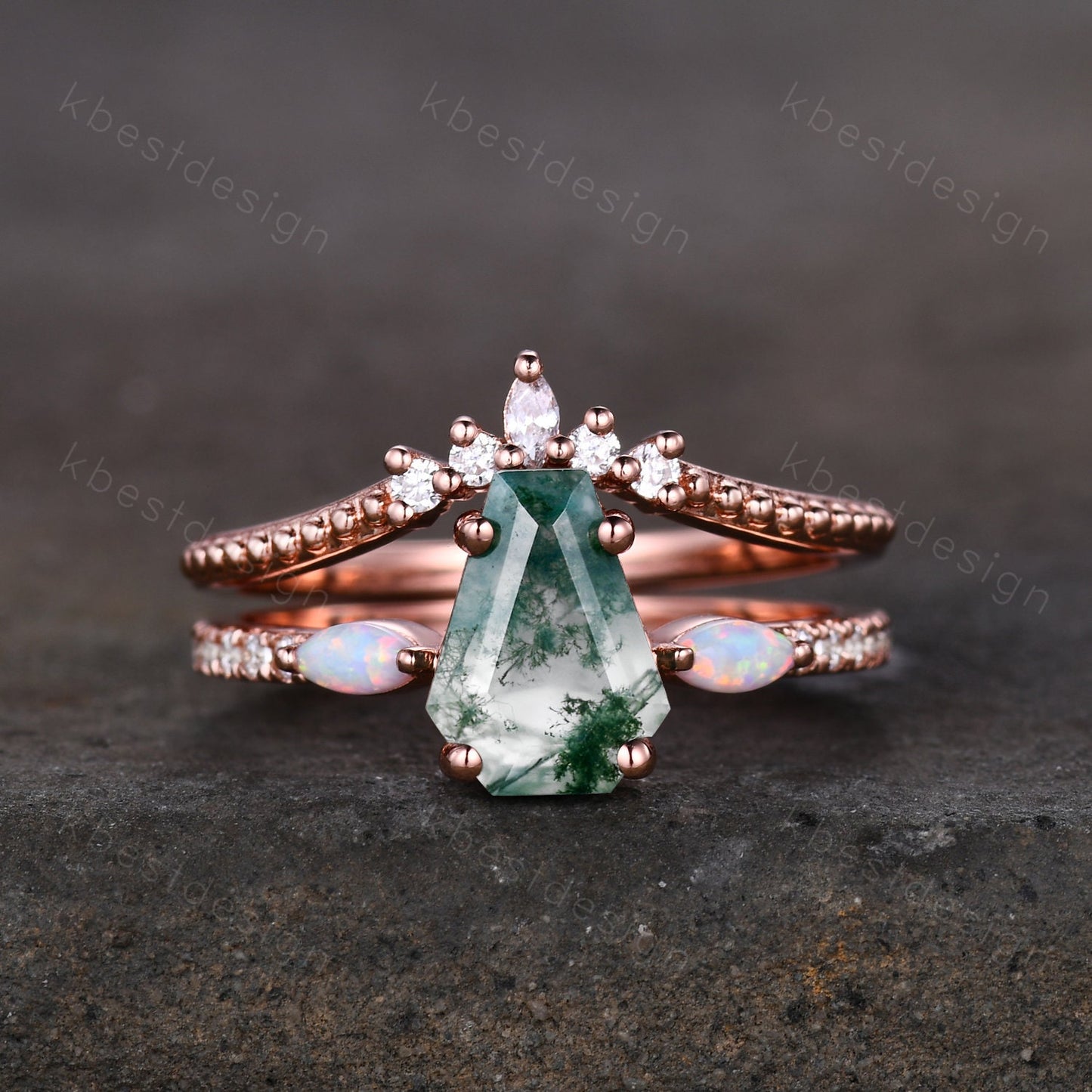 Coffin Shape Moss Agate Engagement Ring Set Unique Rose Gold Marquise Opal Wedding Ring Art Deco Moissanite Antique Promise Ring Bridal Set