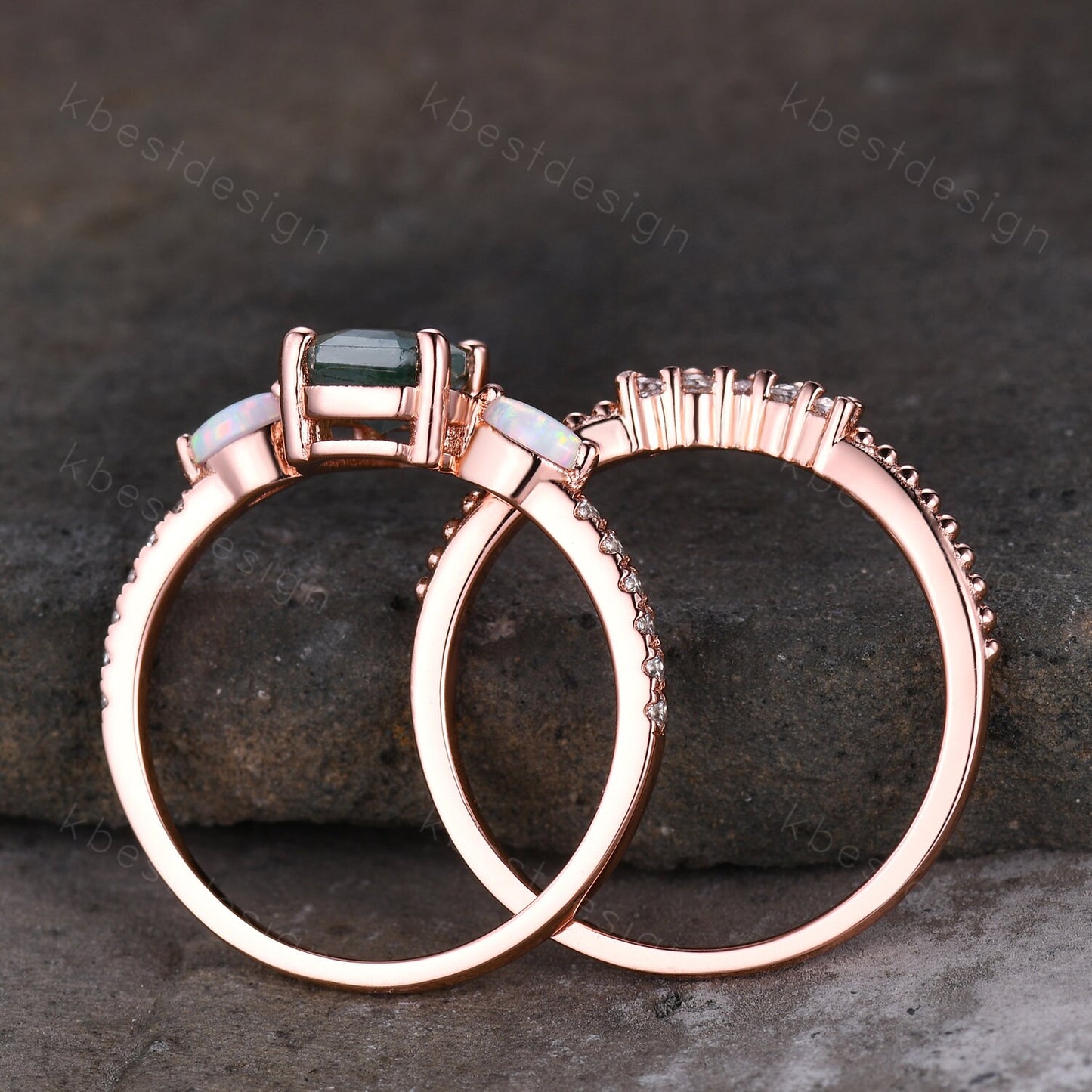 Coffin Shape Moss Agate Engagement Ring Set Unique Rose Gold Marquise Opal Wedding Ring Art Deco Moissanite Antique Promise Ring Bridal Set
