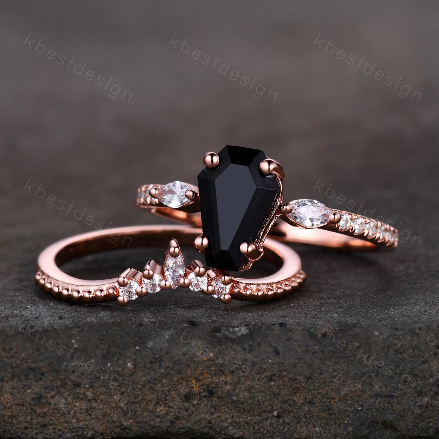 Coffin Shape Black Onyx Engagement Ring Set Vintage Moissanite Cluster Wedding Ring Art Deco Curved Stacking Band Unique Bridal Promise Set