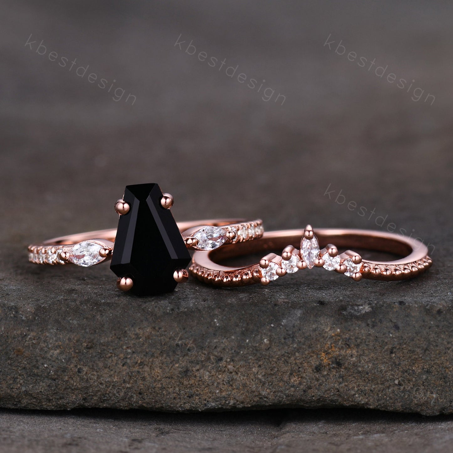 Coffin Shape Black Onyx Engagement Ring Set Vintage Moissanite Cluster Wedding Ring Art Deco Curved Stacking Band Unique Bridal Promise Set