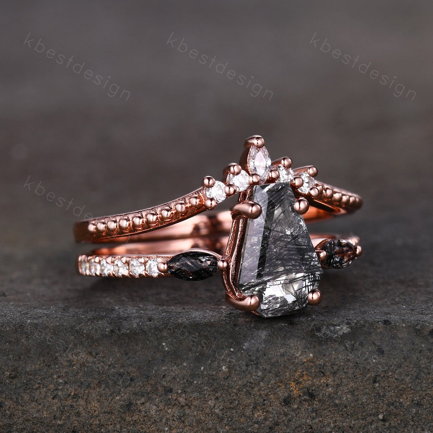 Vintage coffin cut black rutilated quartz engagement ring 14K Rose gold unique Moissanite ring Art deco Curved stacking band Bridal Ring Set