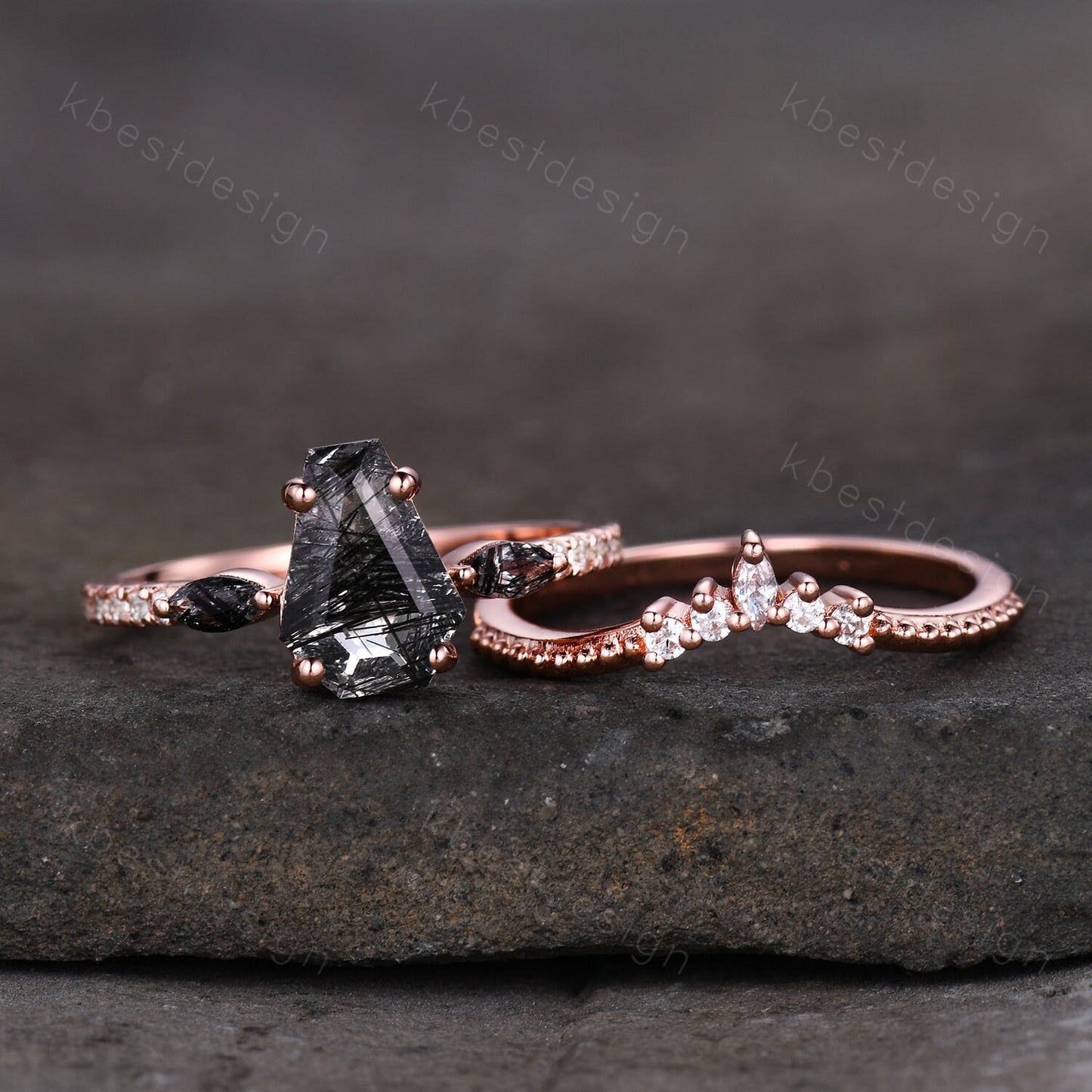 Vintage coffin cut black rutilated quartz engagement ring 14K Rose gold unique Moissanite ring Art deco Curved stacking band Bridal Ring Set