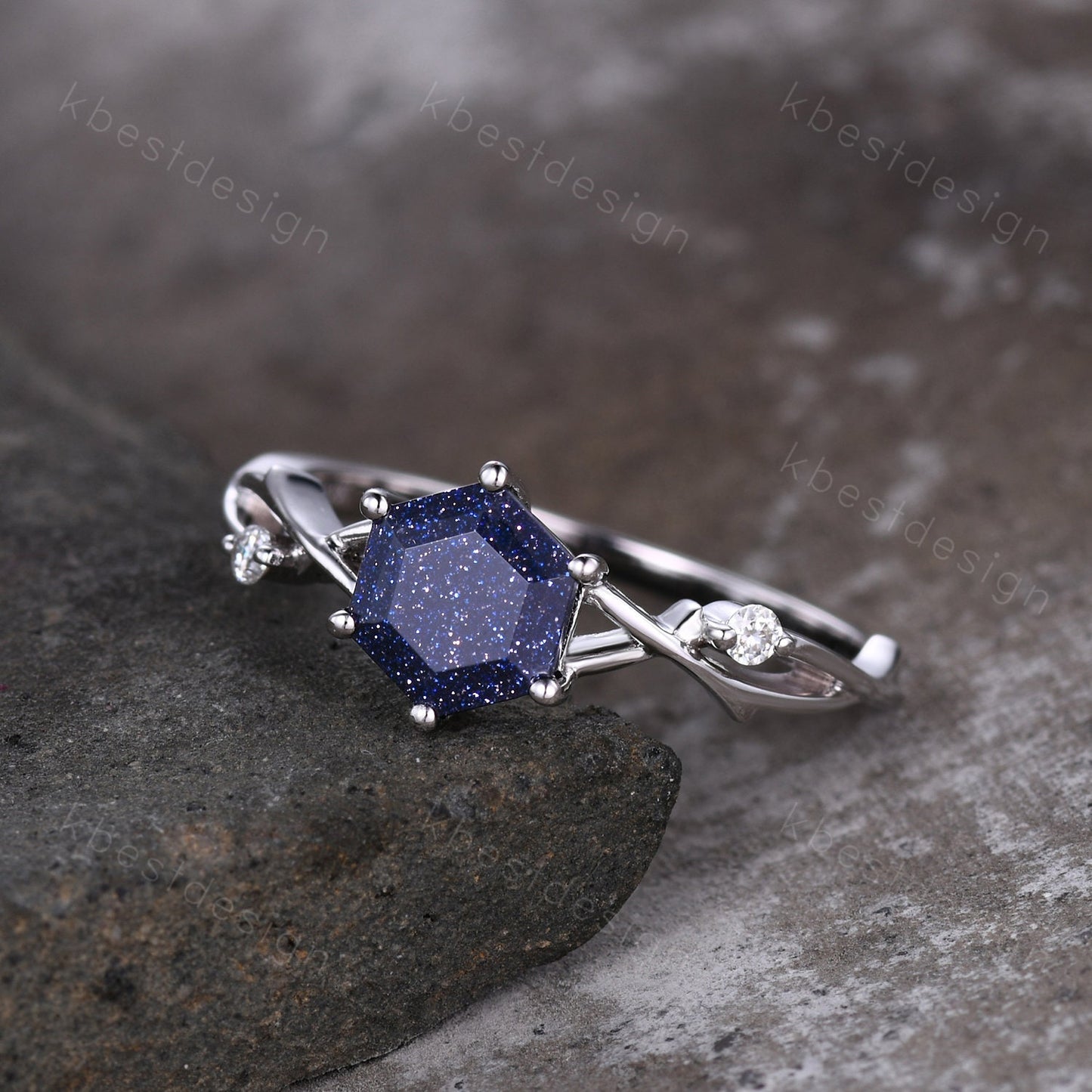 Hexagon cut Blue sandstone engagement ring Unique twig twisted wedding ring Women Vintage engagement ring White gold Promise Ring Gift