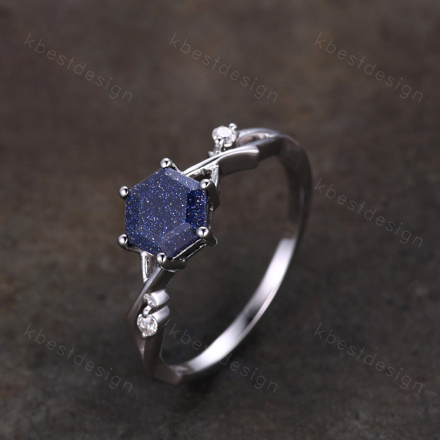 Hexagon cut Blue sandstone engagement ring Unique twig twisted wedding ring Women Vintage engagement ring White gold Promise Ring Gift