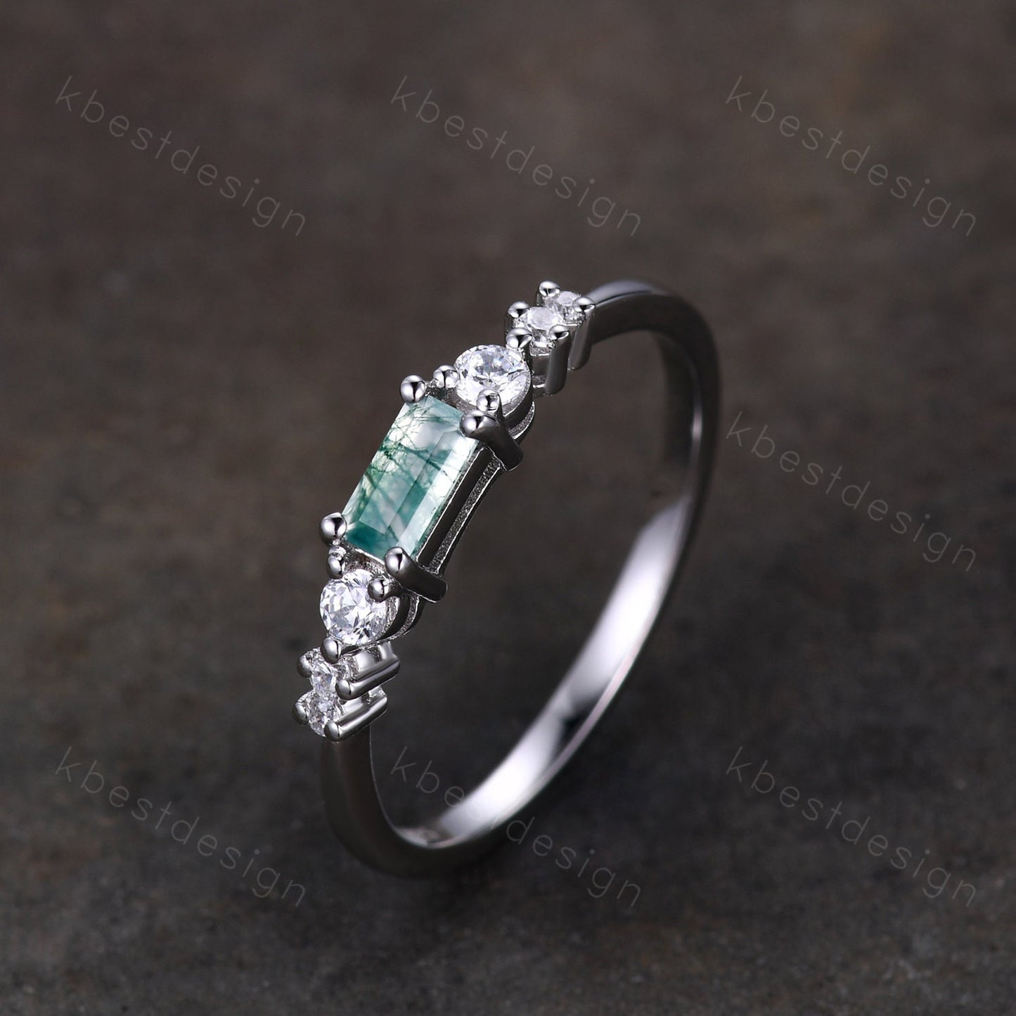 Baguette cut Moss Agate Wedding Band Unique Sterling Silver Wedding Band Antique Moissanite Ring Minimalist Bridal Matching Stackable band