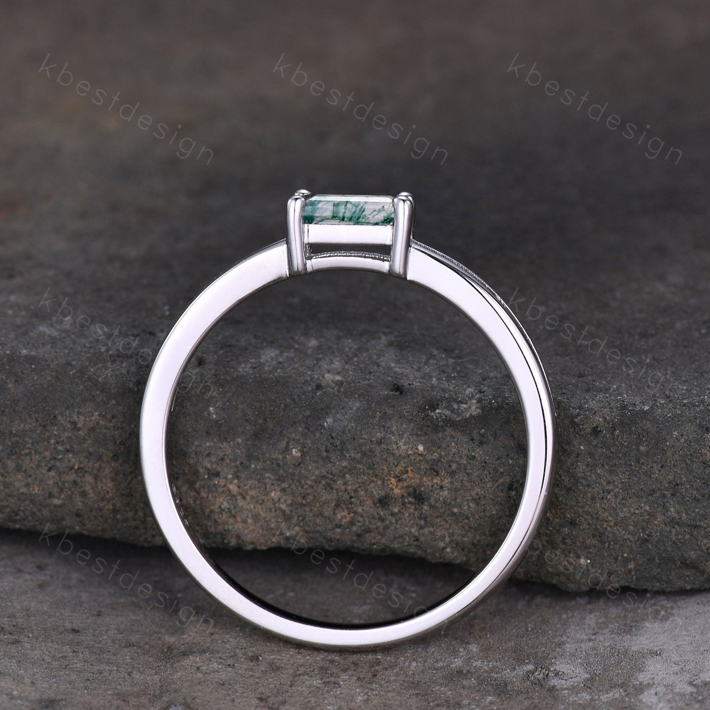 Dainty Moss Agate Engagement Ring Unique Split Shank Ring Sterling Silver Baguette Green Agate Ring Minimalist Promise Anniversary Gift
