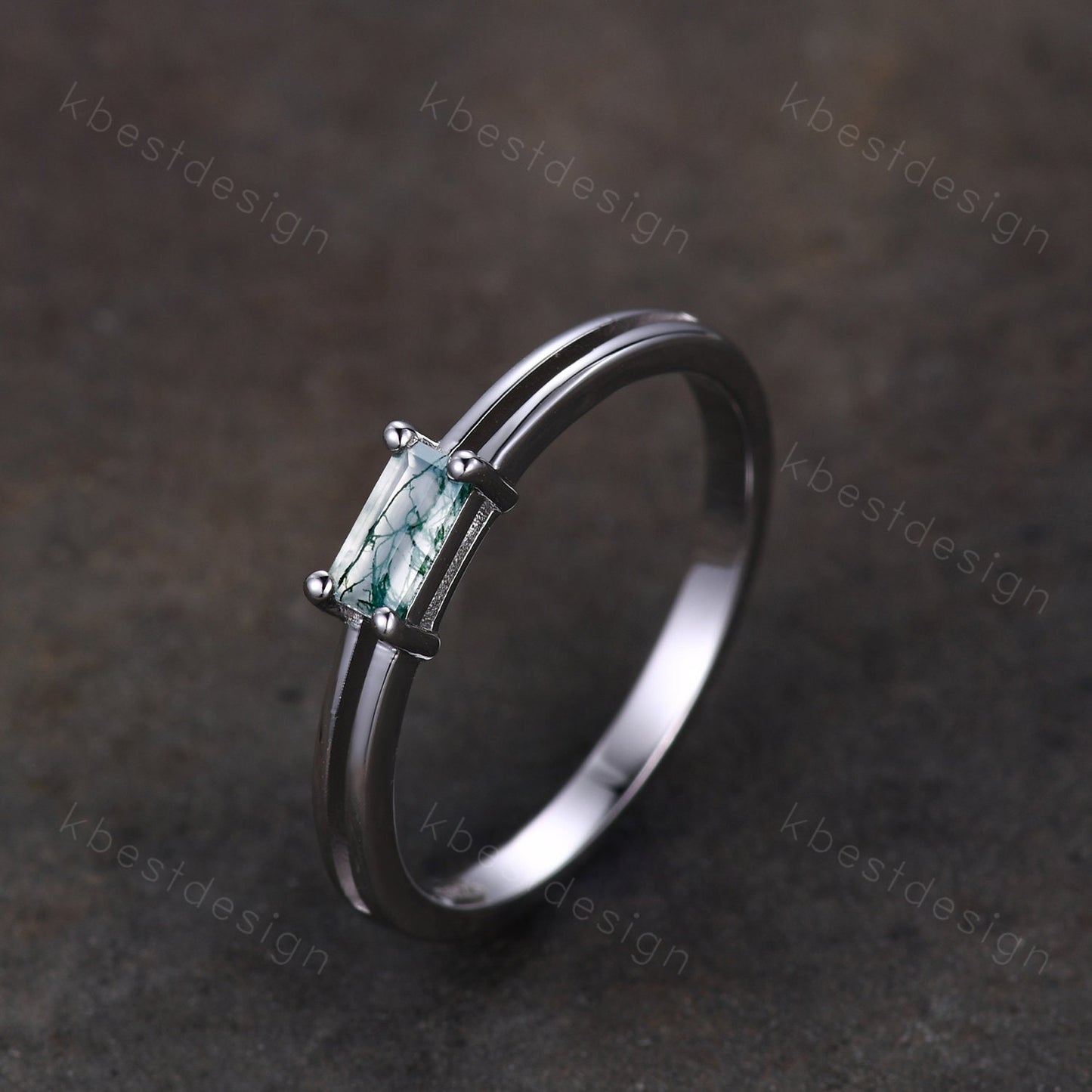 Dainty Moss Agate Engagement Ring Unique Split Shank Ring Sterling Silver Baguette Green Agate Ring Minimalist Promise Anniversary Gift