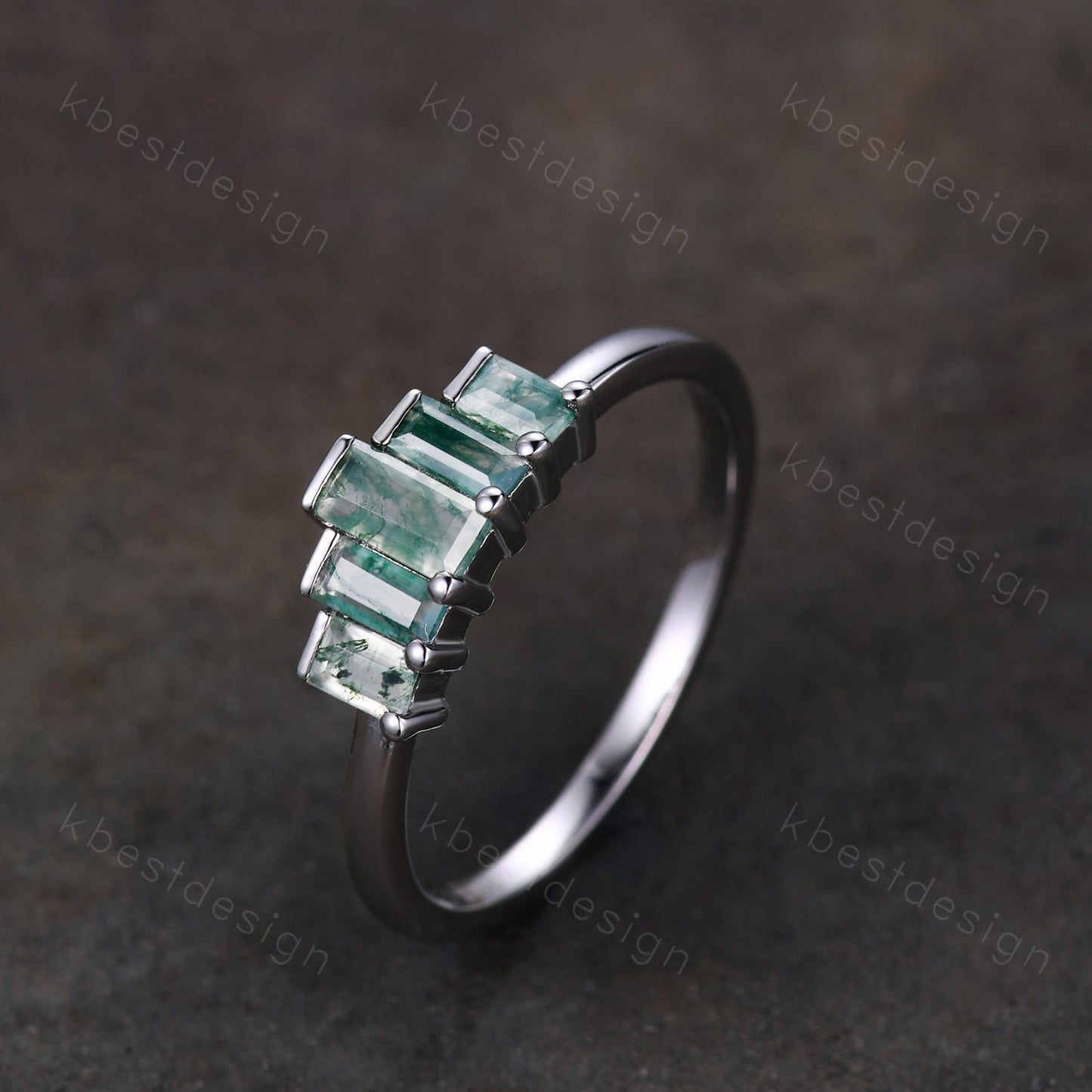 Unique Moss Agate Wedding Ring Sterling Silver Baguette cut Ring Green Moss agate Cluster ring Five Stone Ring Art Deco Stacking Band