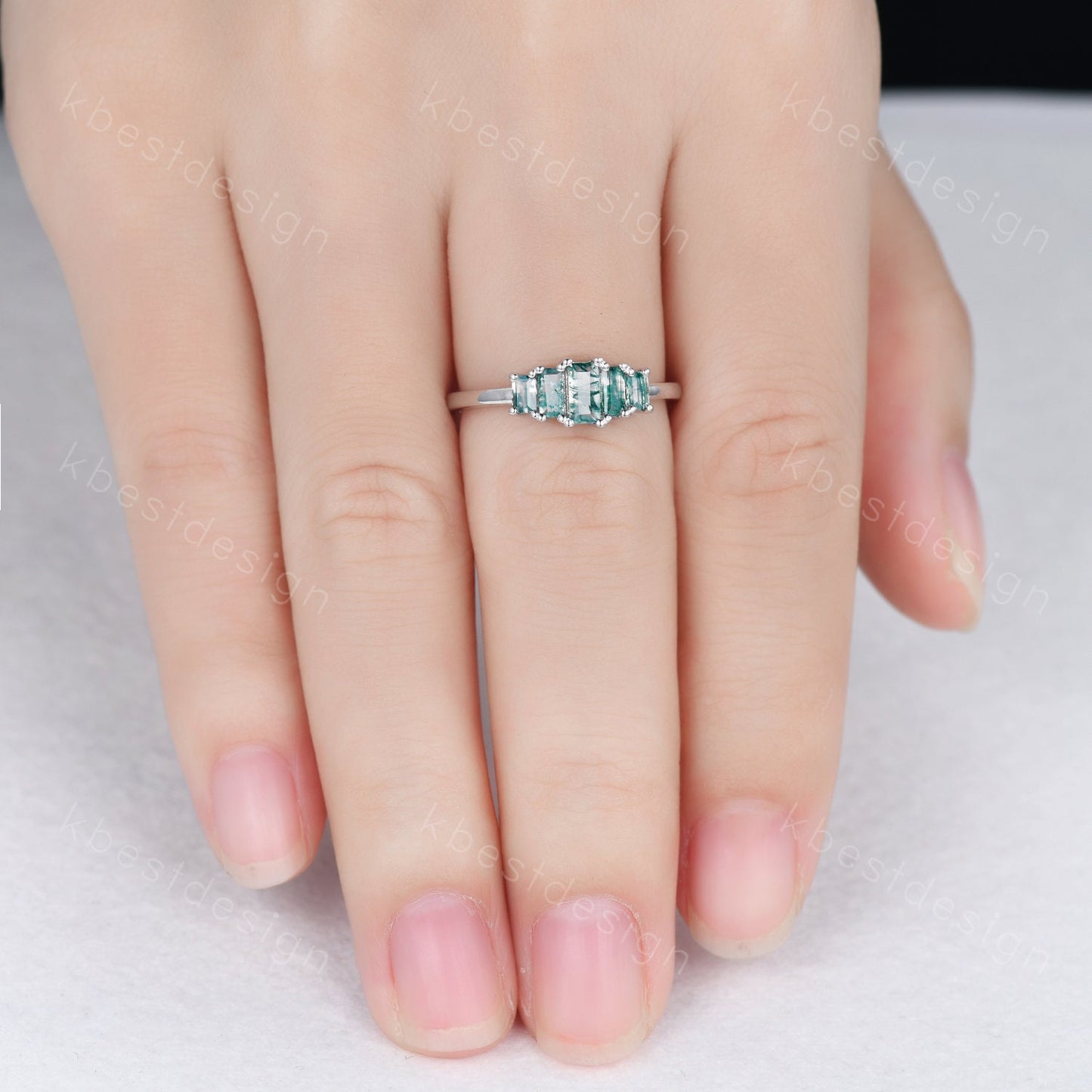 Baguette Moss Agate Cluster Wedding Band Vintage Sterling Silver Wedding Band Antique 5 Stone Unique Women Bridal Promise Ring
