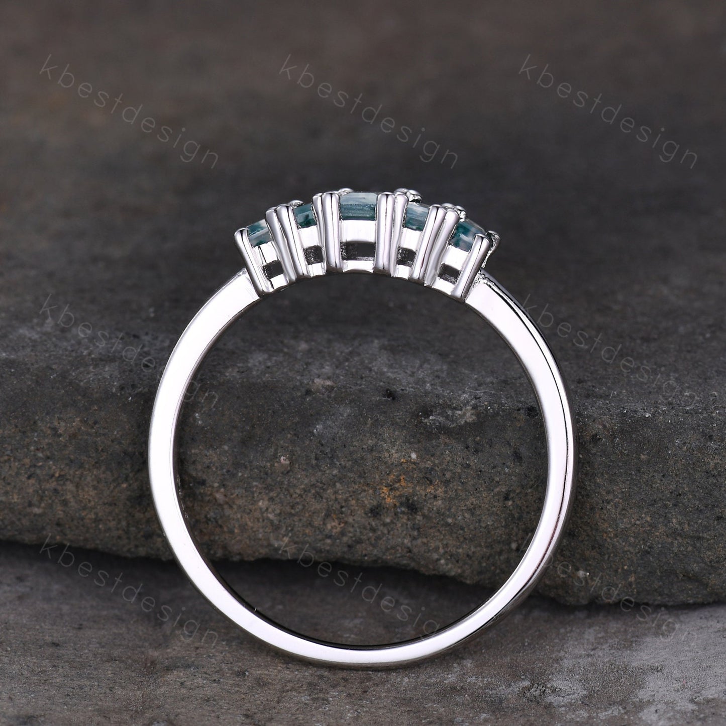 Baguette Moss Agate Cluster Wedding Band Vintage Sterling Silver Wedding Band Antique 5 Stone Unique Women Bridal Promise Ring