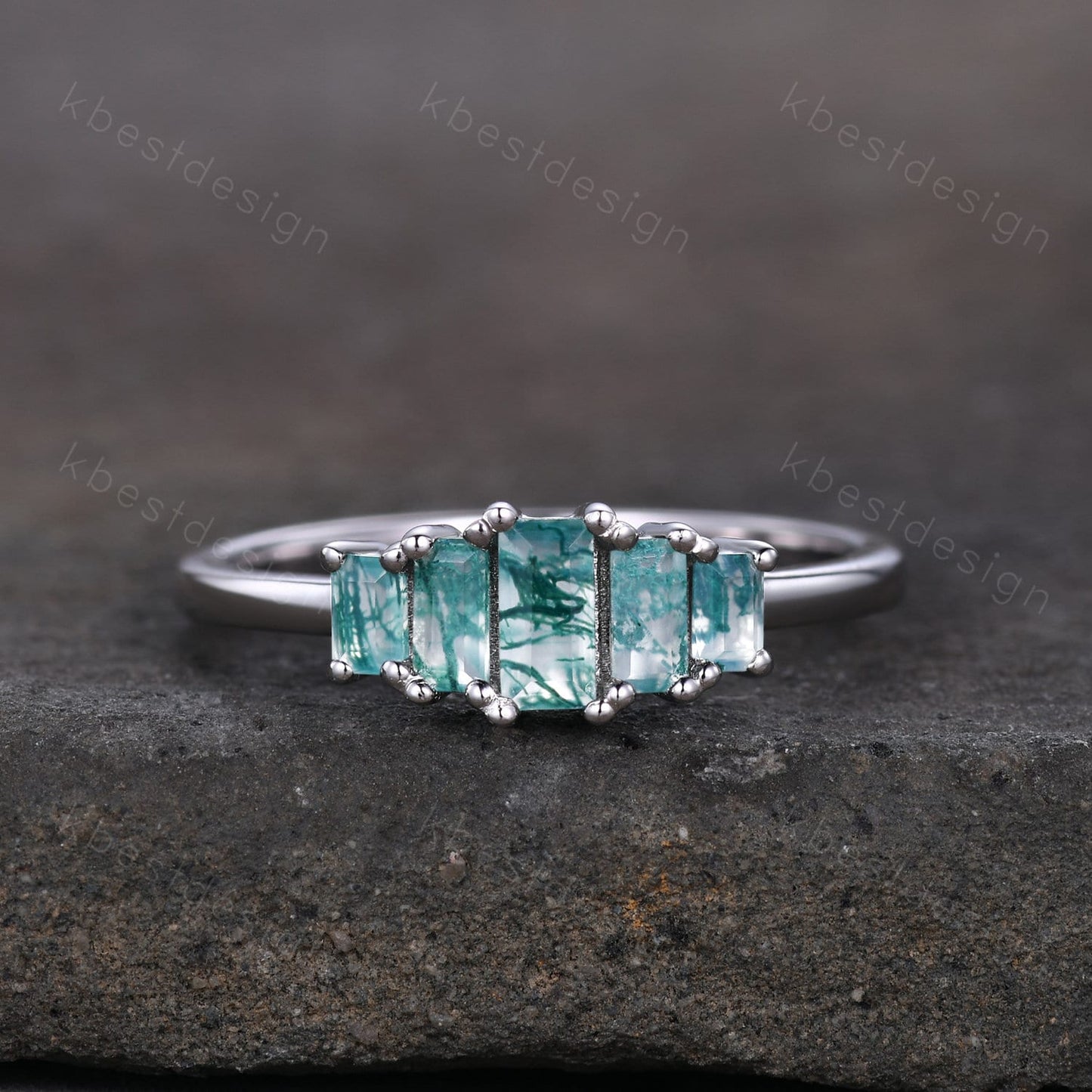 Vintage Baguette cut Moss Agate Wedding Band Unique Green Agate Cluster Ring Rose Gold Antique Five Stone Women Bridal Promise Ring