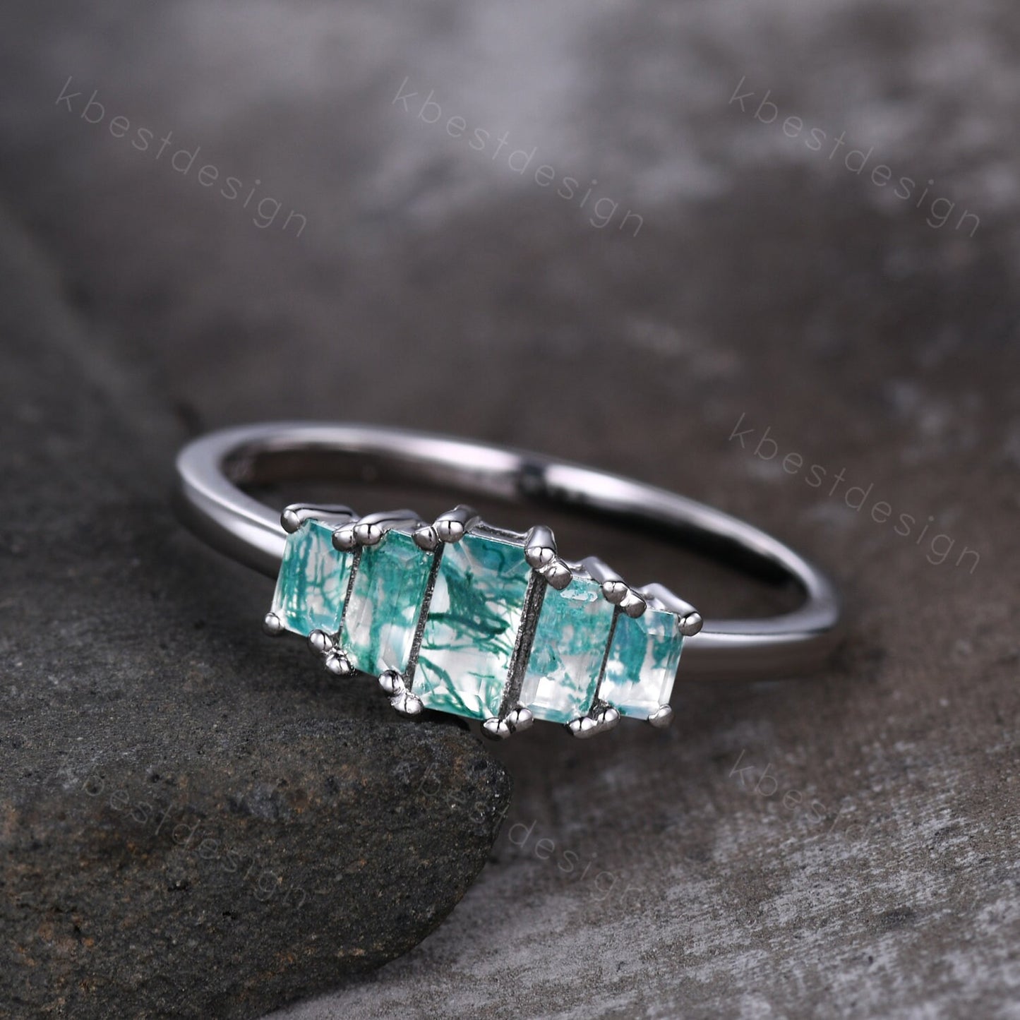 Baguette Moss Agate Cluster Wedding Band Vintage Sterling Silver Wedding Band Antique 5 Stone Unique Women Bridal Promise Ring