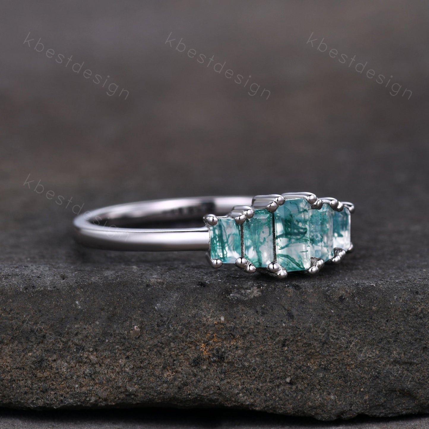Baguette Moss Agate Cluster Wedding Band Vintage Sterling Silver Wedding Band Antique 5 Stone Unique Women Bridal Promise Ring