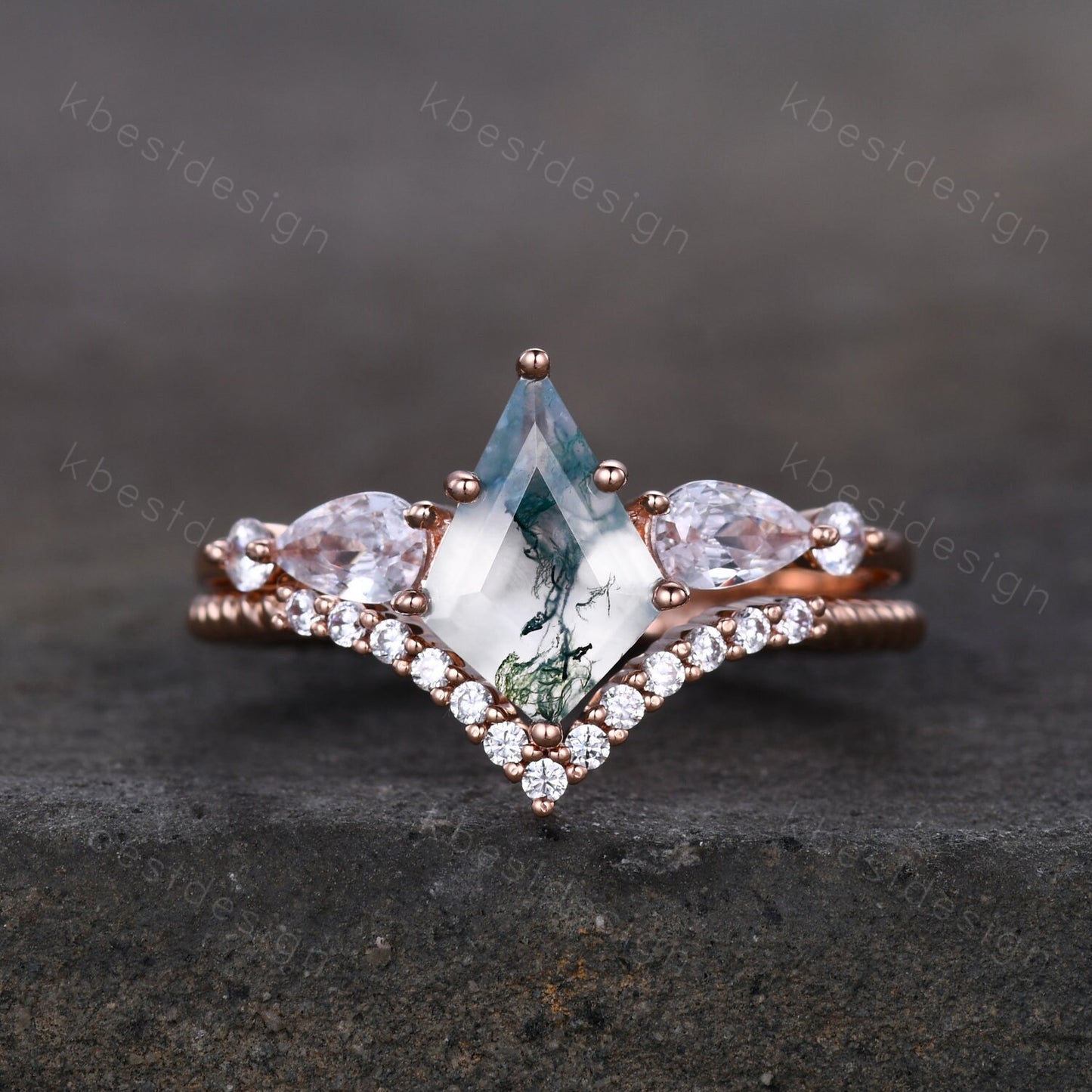 Vintage kite cut green moss agate engagement ring set sterling silver pear shaped wedding ring for women art deco bridal wedding set