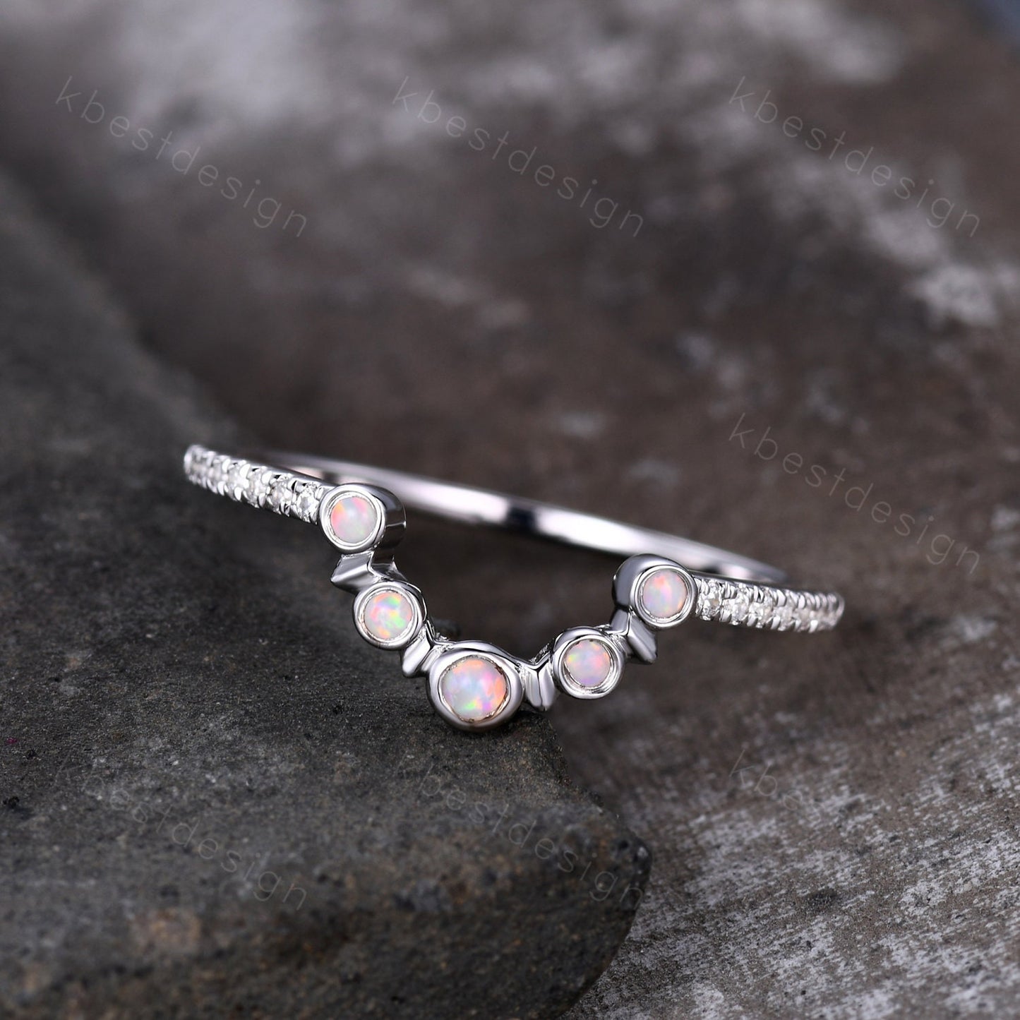 Curved Opal wedding band Unique sterling silver wedding band Half eternity moissanite Stacking matching band Anniversary ring