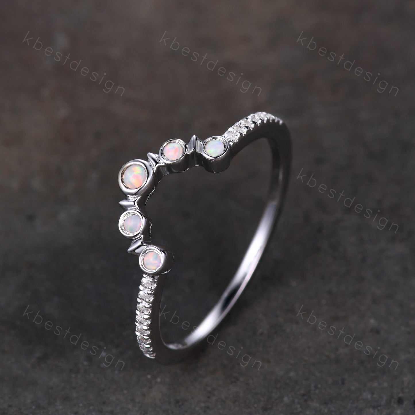 Curved Opal wedding band Unique sterling silver wedding band Half eternity moissanite Stacking matching band Anniversary ring