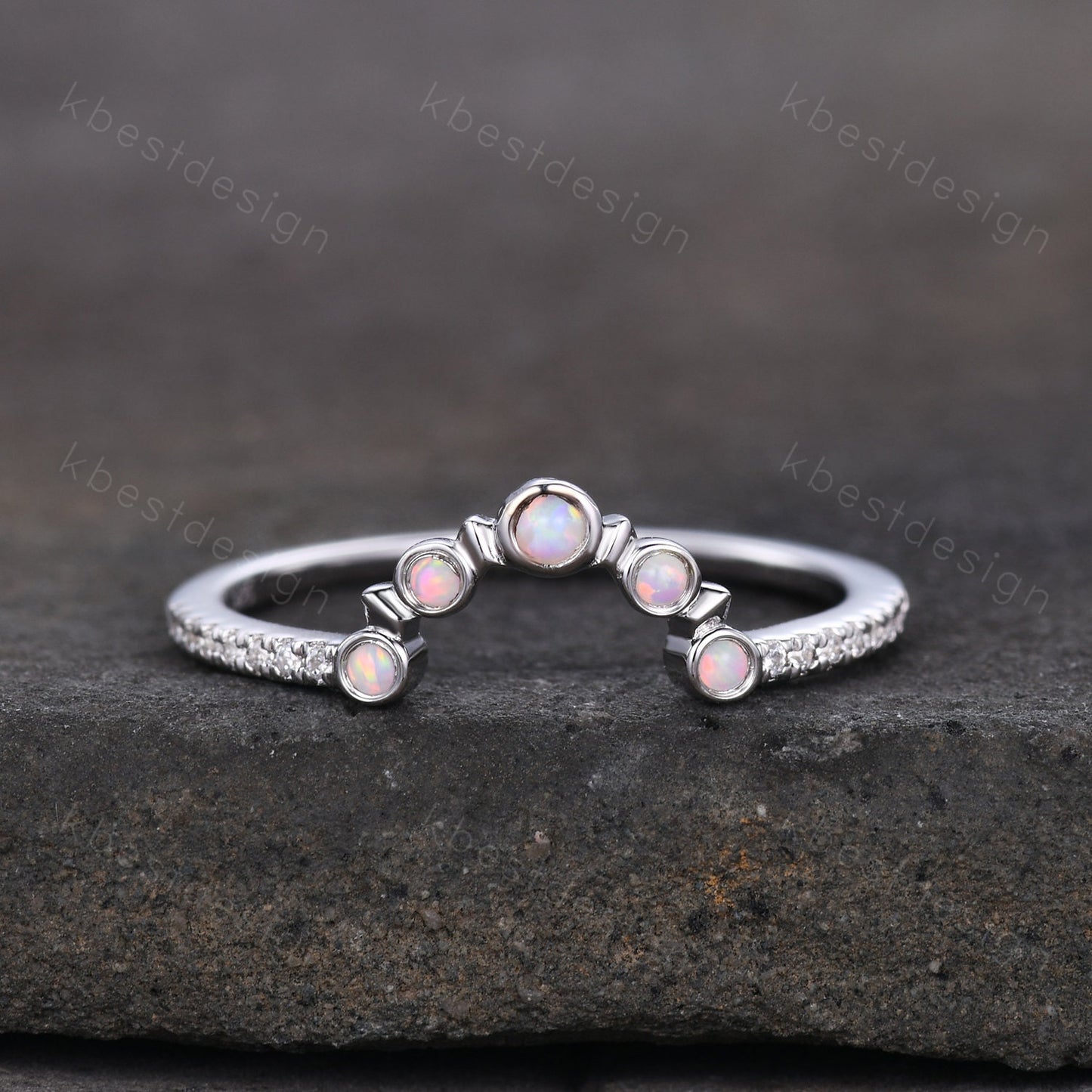 Curved Opal wedding band Unique sterling silver wedding band Half eternity moissanite Stacking matching band Anniversary ring