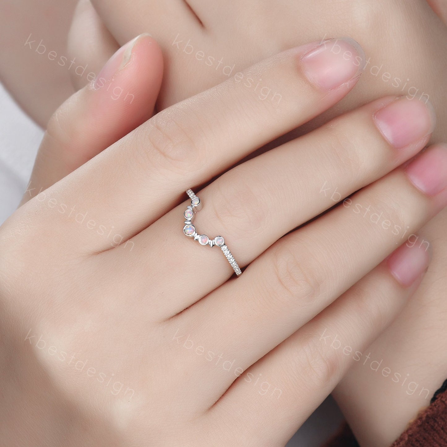 Curved Opal wedding band Unique sterling silver wedding band Half eternity moissanite Stacking matching band Anniversary ring