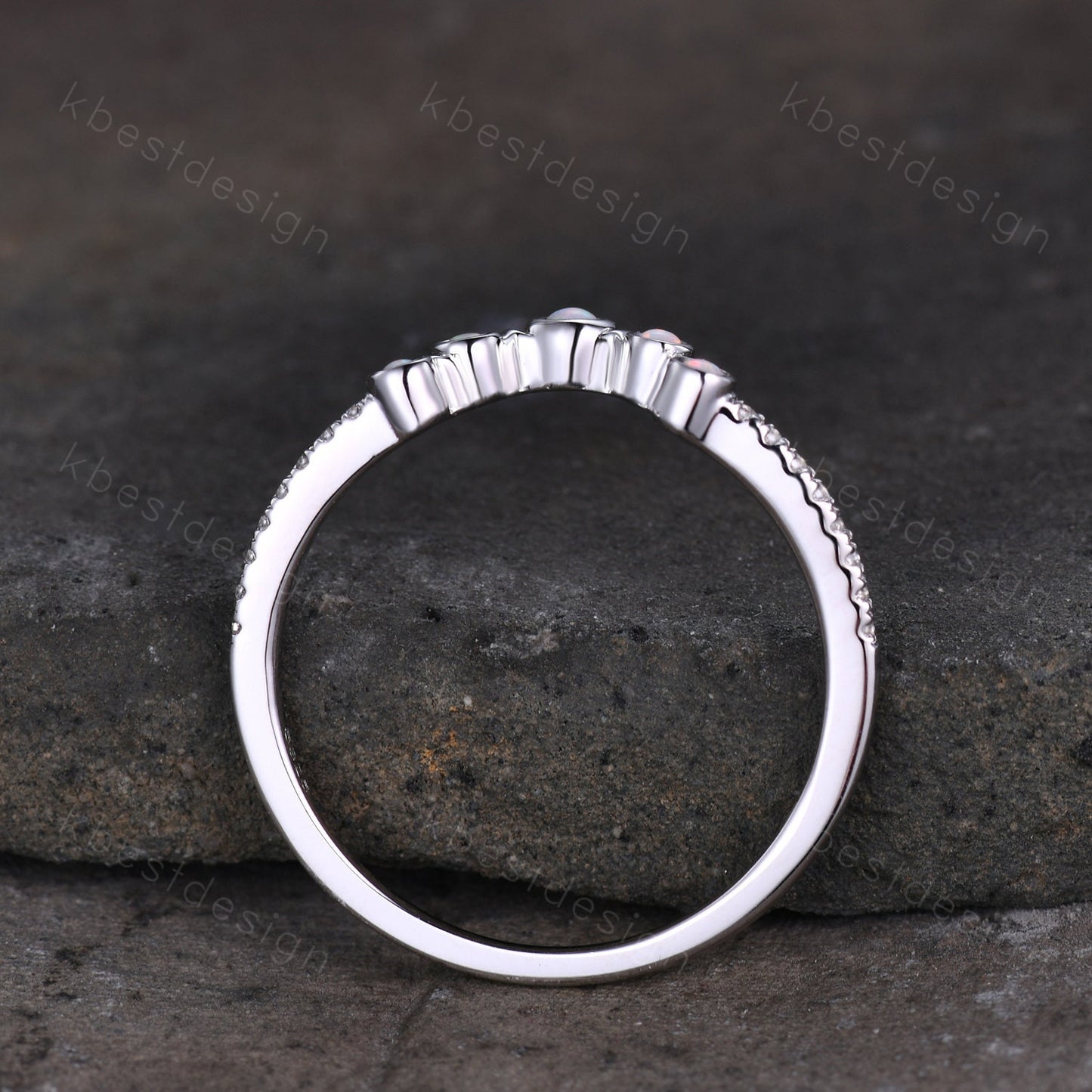 Curved Opal wedding band Unique sterling silver wedding band Half eternity moissanite Stacking matching band Anniversary ring