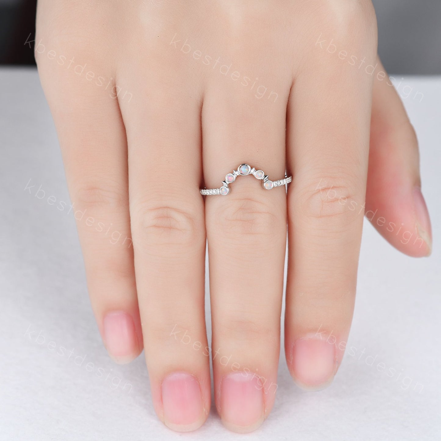Curved Opal wedding band Unique sterling silver wedding band Half eternity moissanite Stacking matching band Anniversary ring