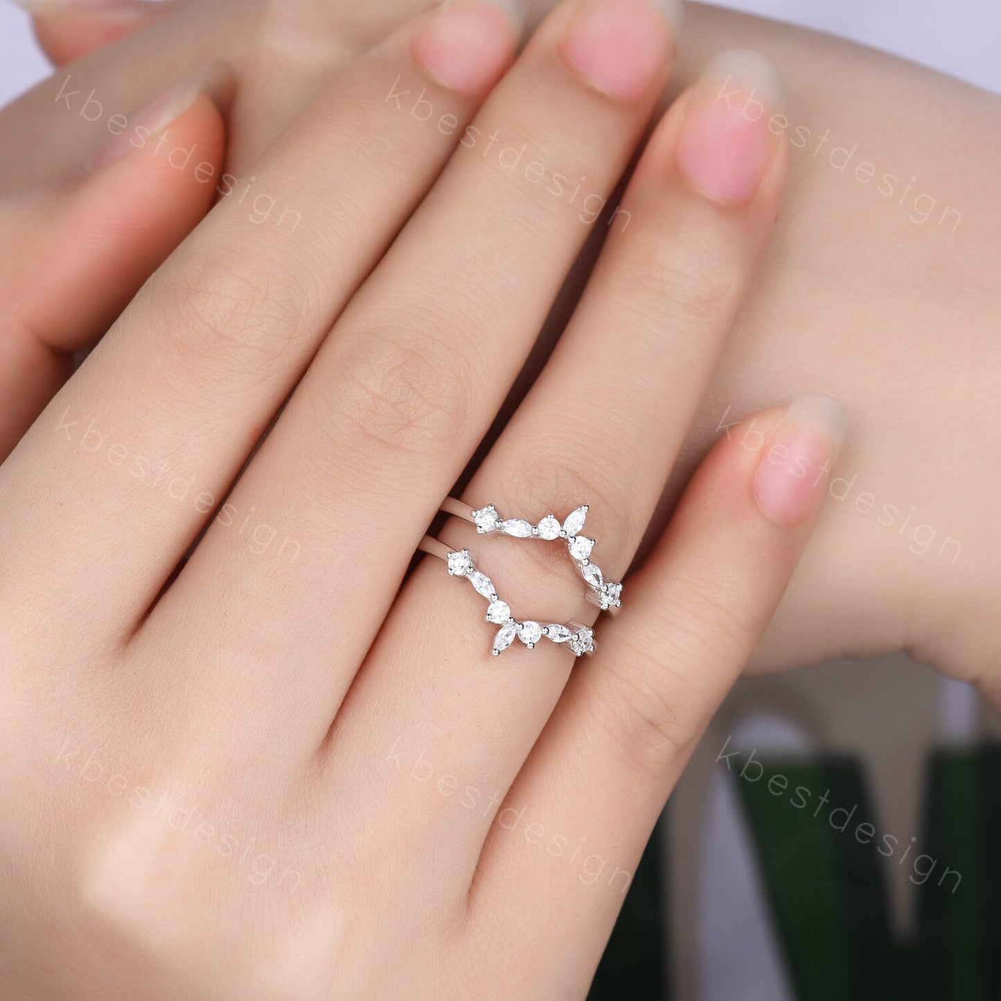 Double curved wedding band Vintage marquise cut Moissanite cluster band Rose gold rings Unique stacking matching bridal ring Promise gift