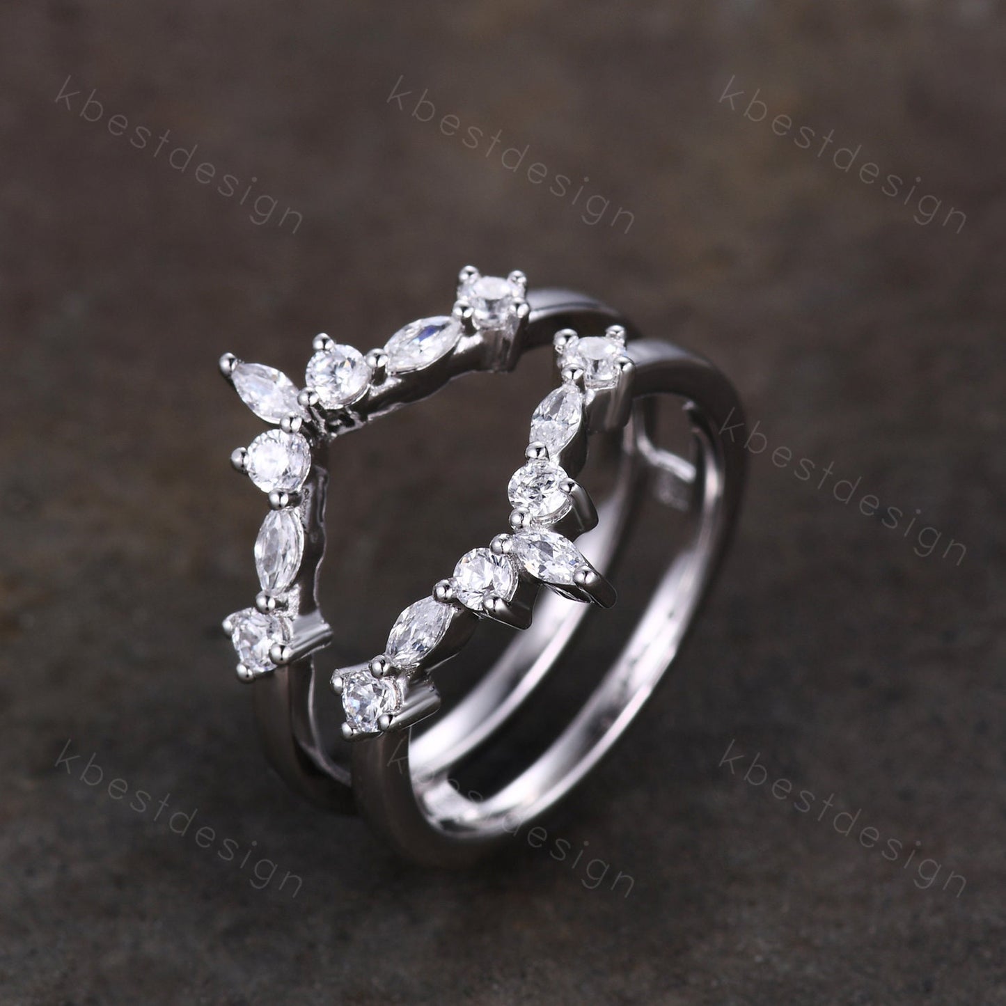 Double curved wedding band Vintage marquise cut Moissanite cluster band Rose gold rings Unique stacking matching bridal ring Promise gift