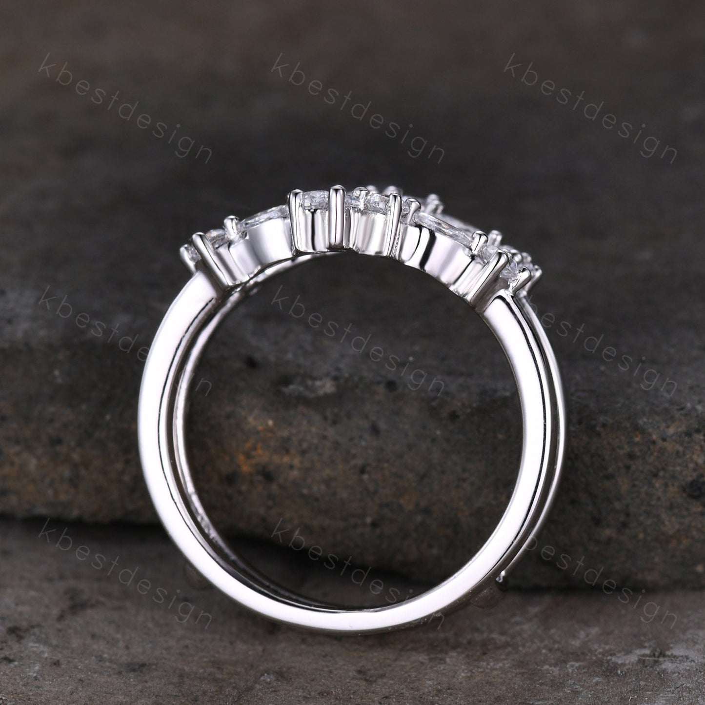 Double curved Moissanite wedding band Vintage marquise cut cluster band Unique stacking matching bridal ring Promise gift Sterling silver