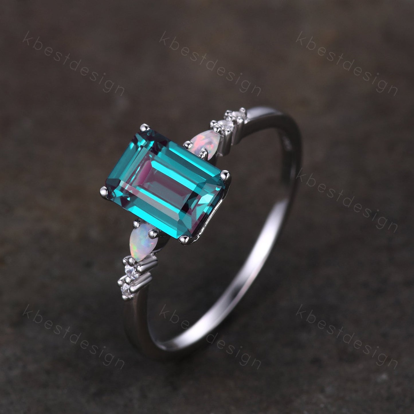 Emerald cut Alexandrite ring white gold ring for women vintage unique Alexandrite engagement ring pear opal wedding ring Promise ring