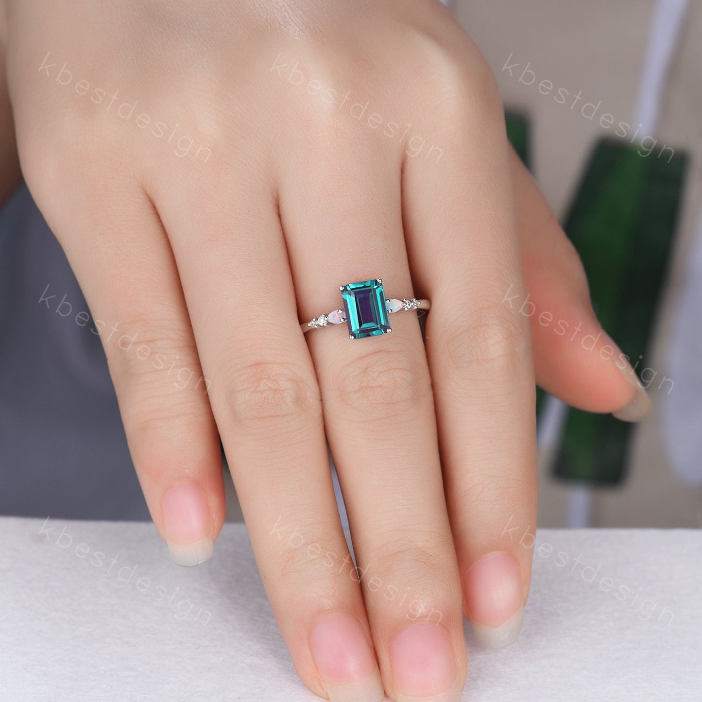 Emerald cut Alexandrite ring white gold ring for women vintage unique Alexandrite engagement ring pear opal wedding ring Promise ring