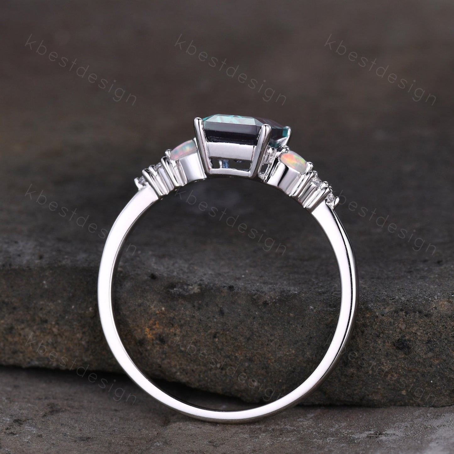 Emerald cut Alexandrite ring white gold ring for women vintage unique Alexandrite engagement ring pear opal wedding ring Promise ring