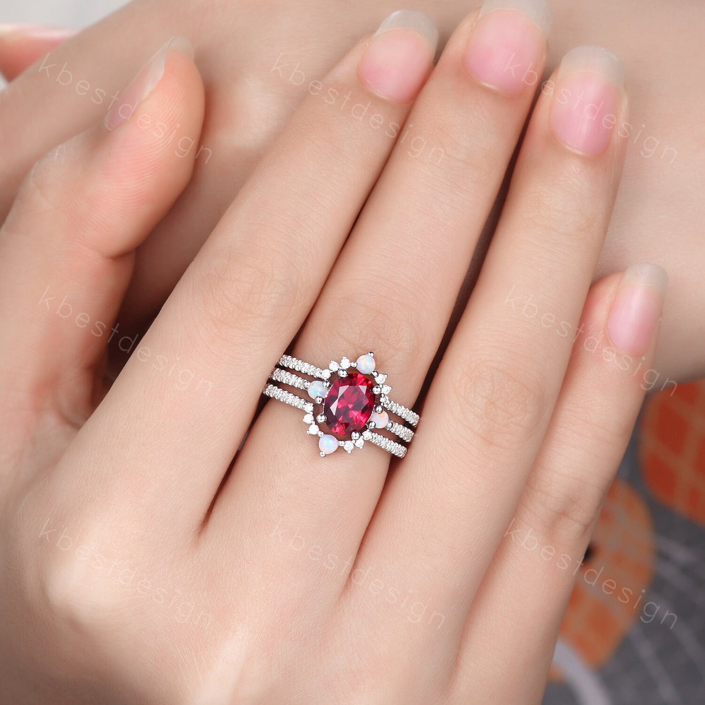 Vintage 3PCS Ruby Bridal Set/ Oval Ruby Engagement Ring Set/ Curved Opal Stacking Band/Silver Ring/ July Birthstone Ring/ Anniversary Gift