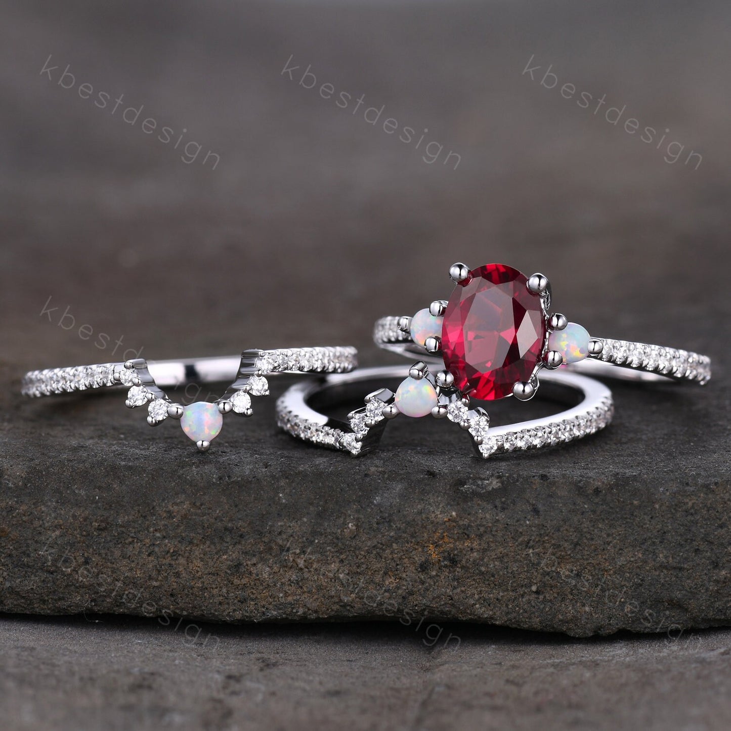 Vintage 3PCS Ruby Bridal Set/ Oval Ruby Engagement Ring Set/ Curved Opal Stacking Band/Silver Ring/ July Birthstone Ring/ Anniversary Gift