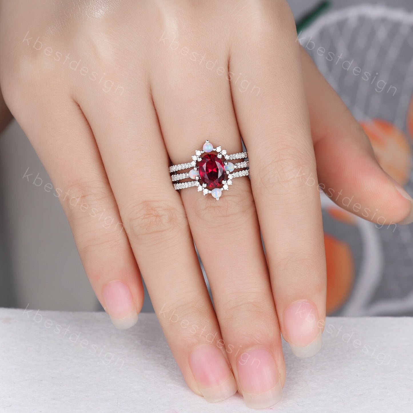 Vintage 3PCS Ruby Bridal Set/ Oval Ruby Engagement Ring Set/ Curved Opal Stacking Band/Silver Ring/ July Birthstone Ring/ Anniversary Gift
