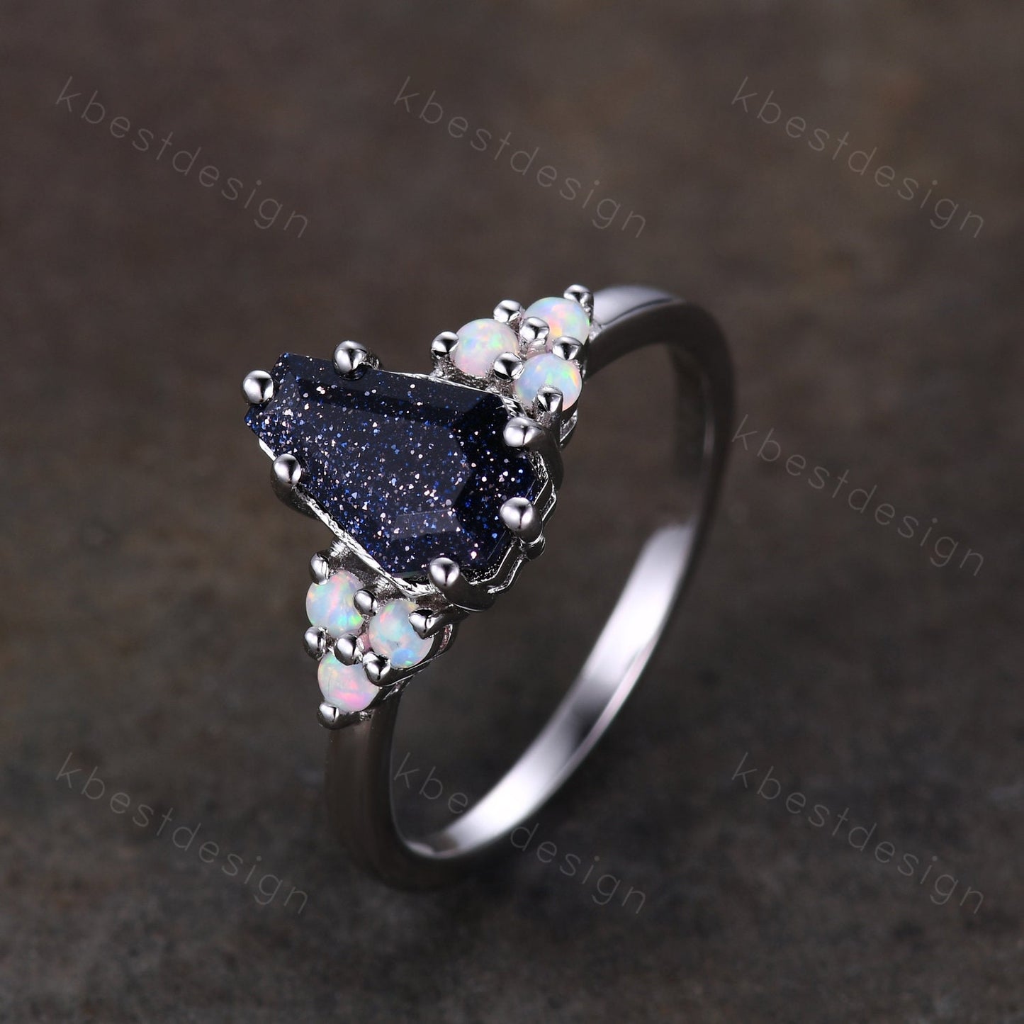 Galaxy Blue Sandstone Engagement Ring Antique Coffin Shaped Ring Unique Art Deco Opal Cluster Ring Women Silver Wedding Bridal Promise Ring
