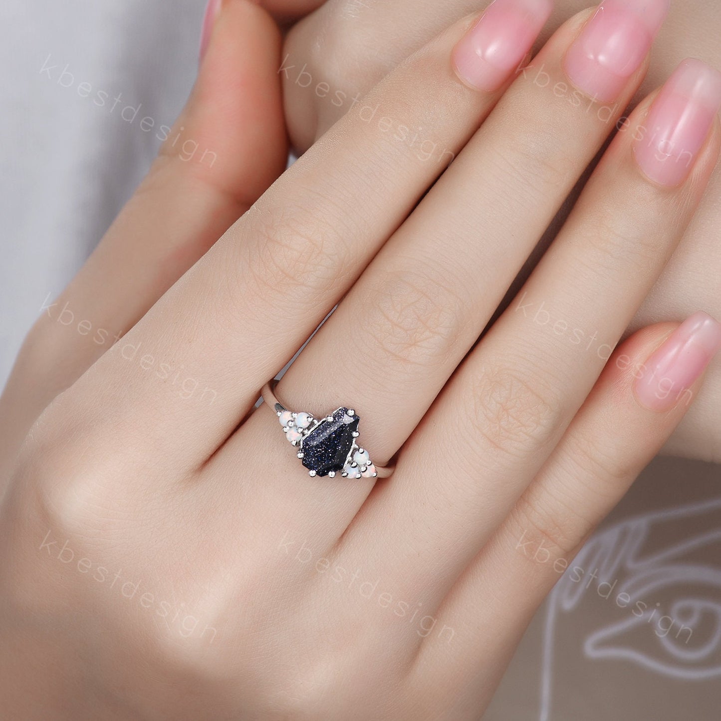 Galaxy Blue Sandstone Engagement Ring Antique Coffin Shaped Ring Unique Art Deco Opal Cluster Ring Women Silver Wedding Bridal Promise Ring