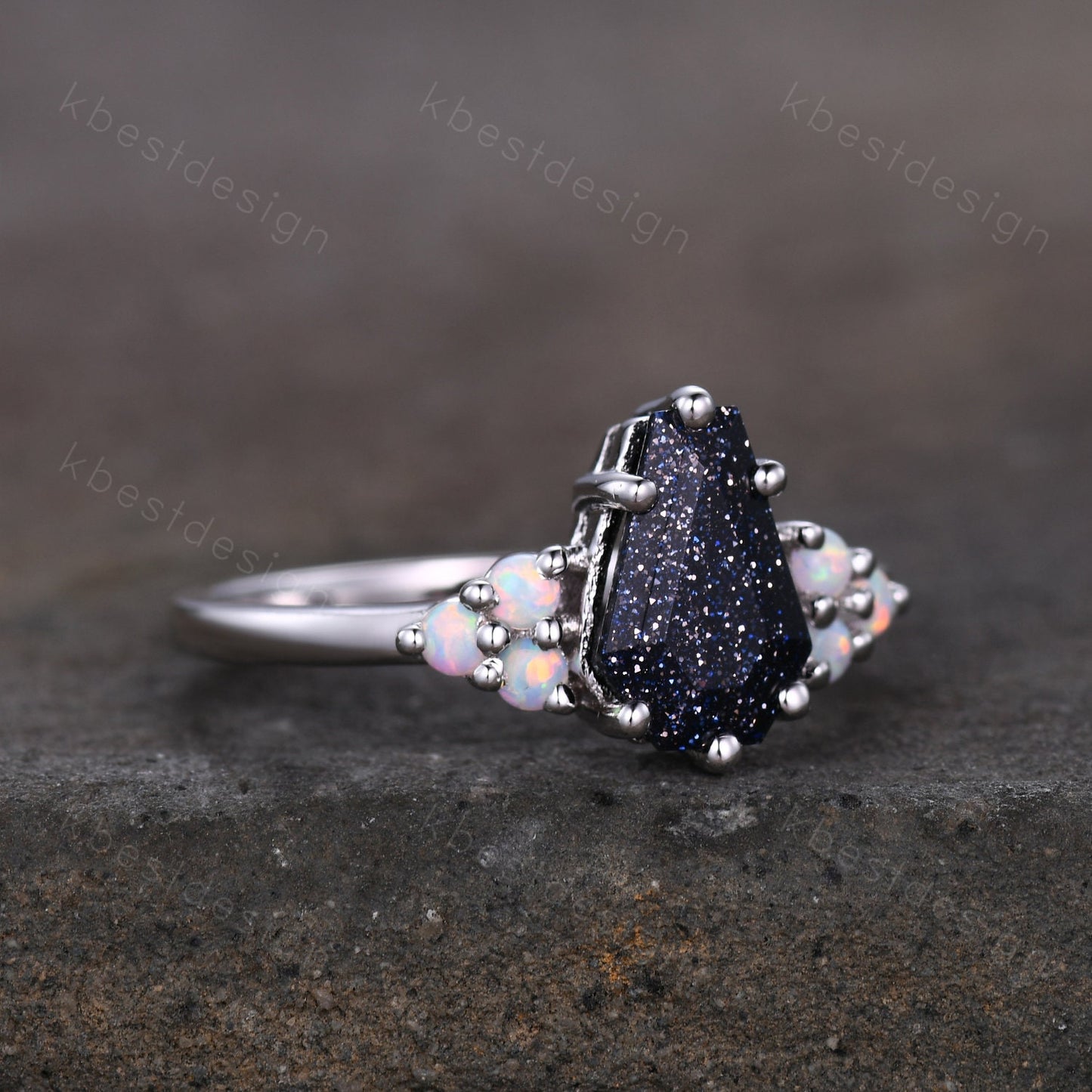 Galaxy Blue Sandstone Engagement Ring Antique Coffin Shaped Ring Unique Art Deco Opal Cluster Ring Women Silver Wedding Bridal Promise Ring