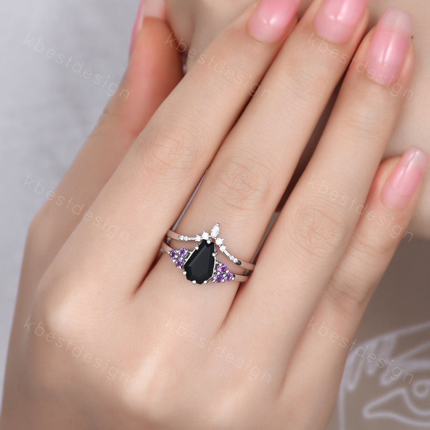 Sterling Silver Black Onyx Engagement Ring Set Unique Coffin Shaped Ring Art Deco Moissanite Curved Wedding Band Amethyst Cluster Ring