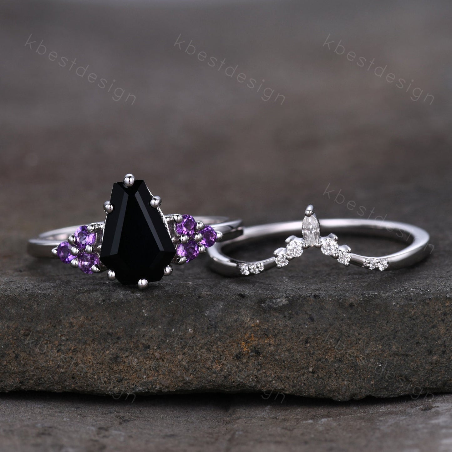 Sterling Silver Black Onyx Engagement Ring Set Unique Coffin Shaped Ring Art Deco Moissanite Curved Wedding Band Amethyst Cluster Ring