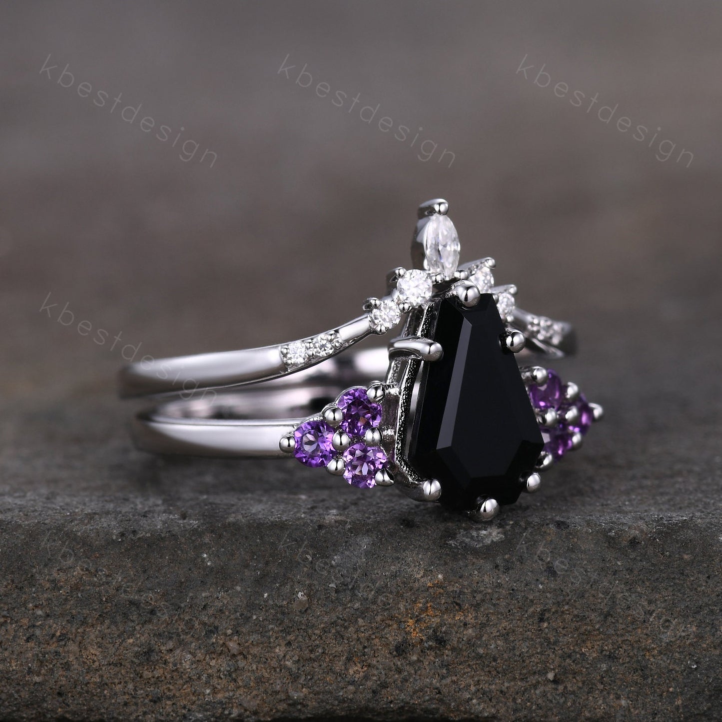 Sterling Silver Black Onyx Engagement Ring Set Unique Coffin Shaped Ring Art Deco Moissanite Curved Wedding Band Amethyst Cluster Ring